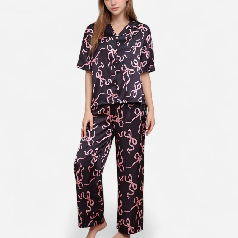 Anna-Kaci Lounge Women's Satin Button-Up Pajama Set with Short Sleeve Notch Collar Top and Wide Leg Pants in Ribbon Print sold by Anna-Kaci