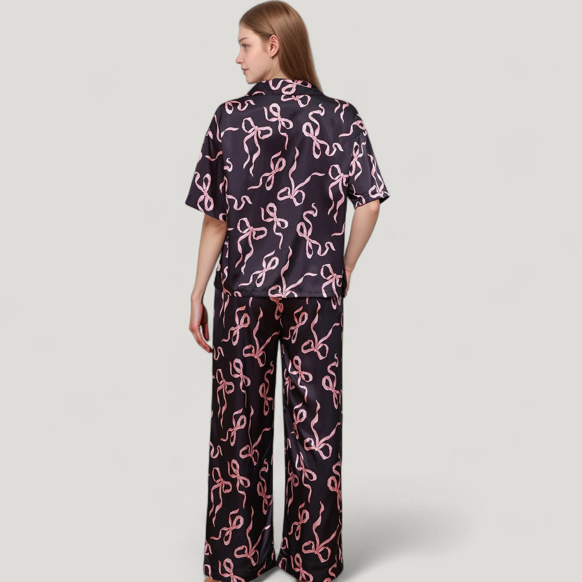 Anna-Kaci Lounge Women's Satin Button-Up Pajama Set with Short Sleeve Notch Collar Top and Wide Leg Pants in Ribbon Print sold by Anna-Kaci product image thumbnail 5