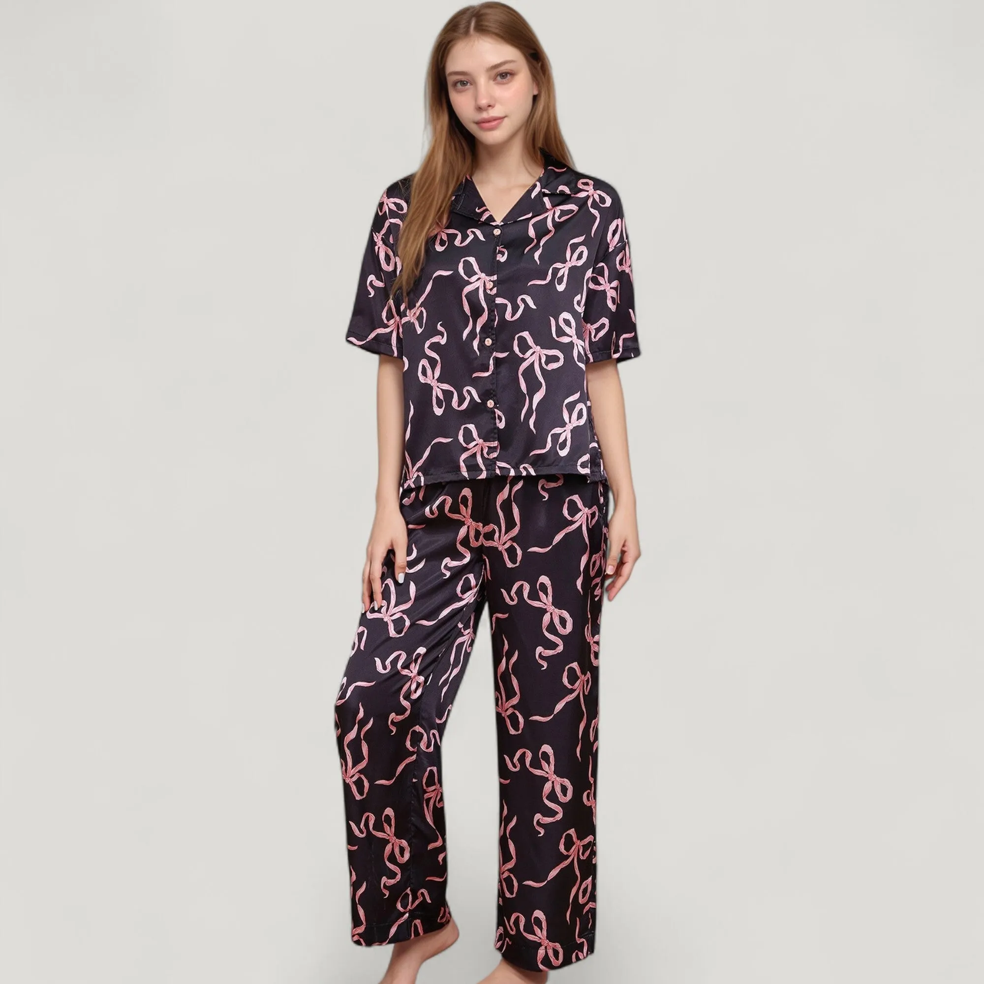 Anna-Kaci Lounge Women's Satin Button-Up Pajama Set with Short Sleeve Notch Collar Top and Wide Leg Pants in Ribbon Print sold by Anna-Kaci product image thumbnail 2