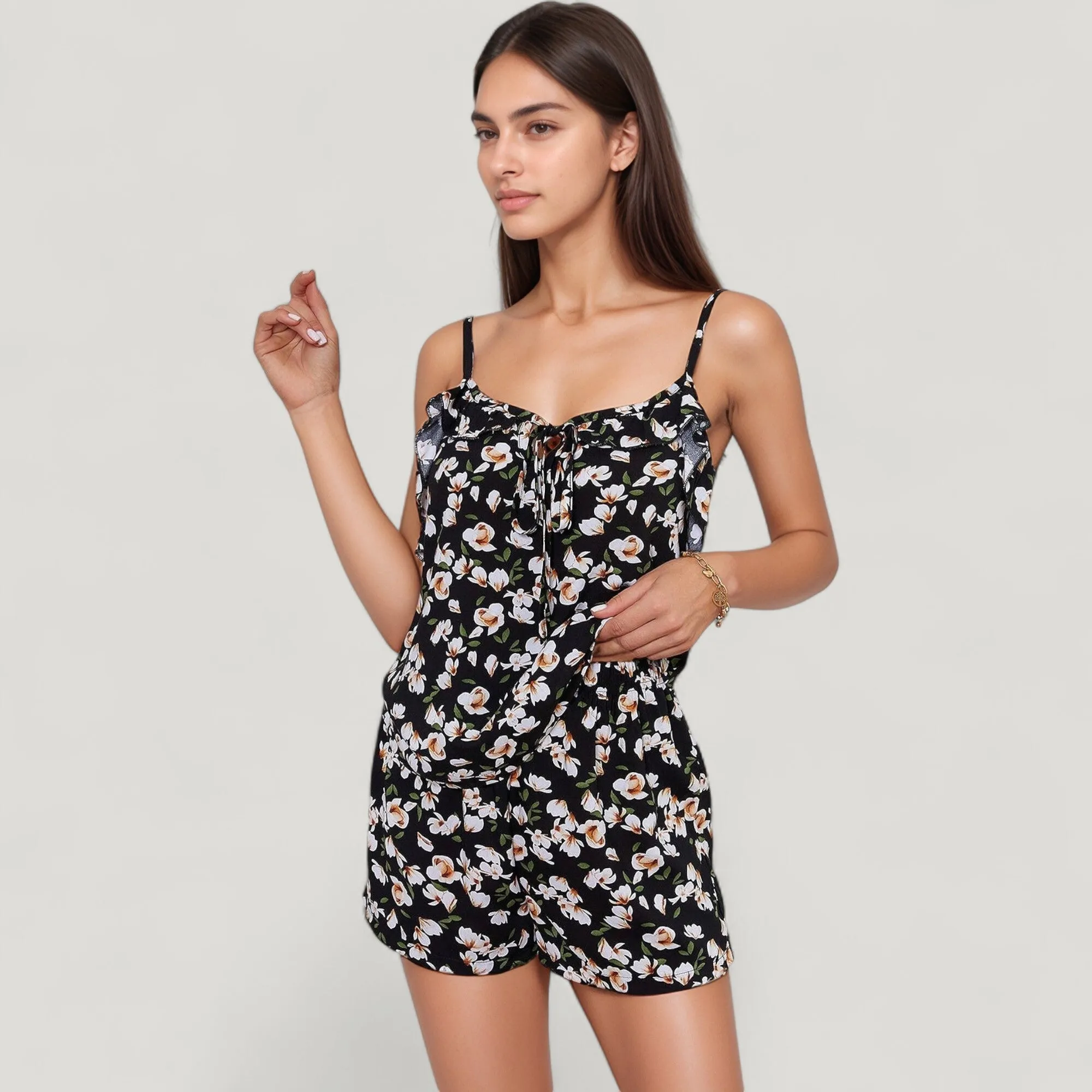 Anna-Kaci Lounge Women's Floral Print Cami Top and Shorts Pajama Set with Adjustable Spaghetti Straps and Front Tie Detail sold by Anna-Kaci product image thumbnail 4