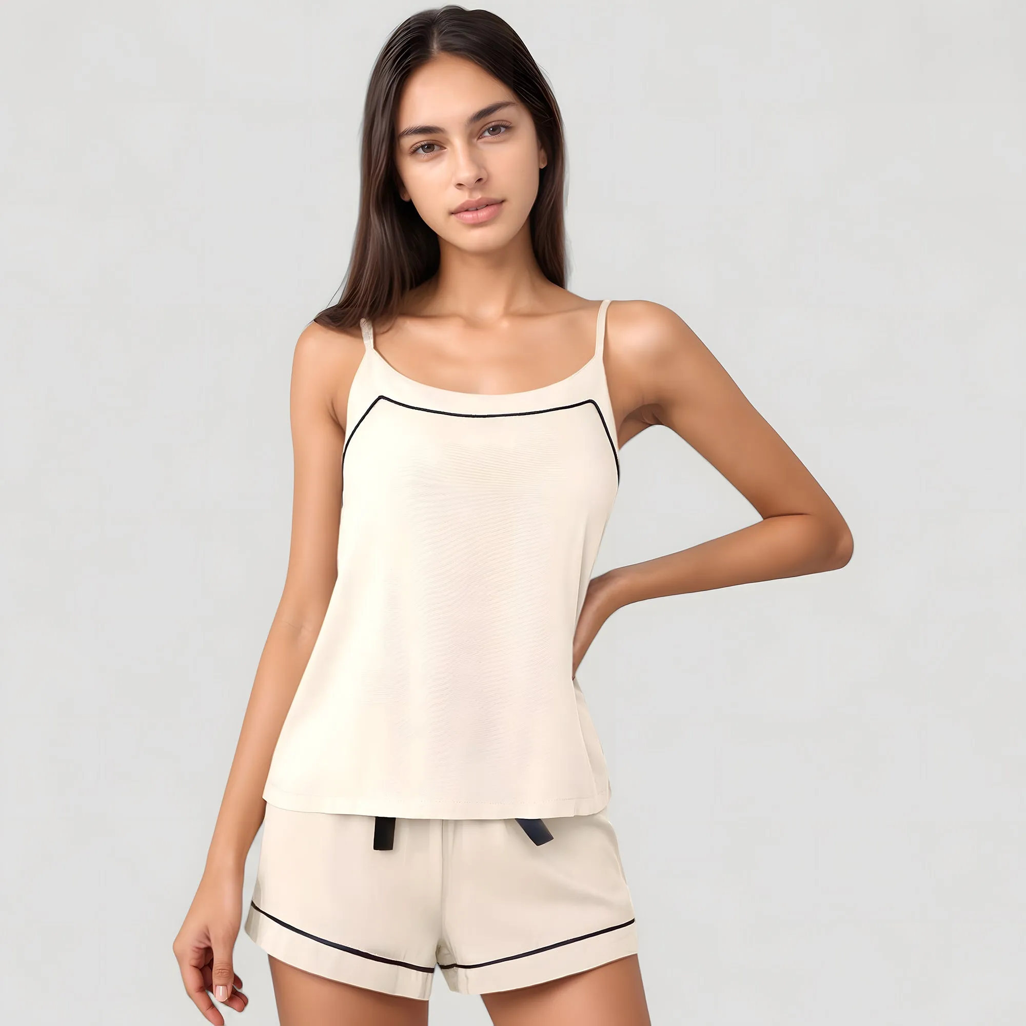 Anna-Kaci Lounge Women's Cami and Shorts Pajama Set with Contrast Trim and Adjustable Waist Tie sold by Anna-Kaci product image thumbnail 2