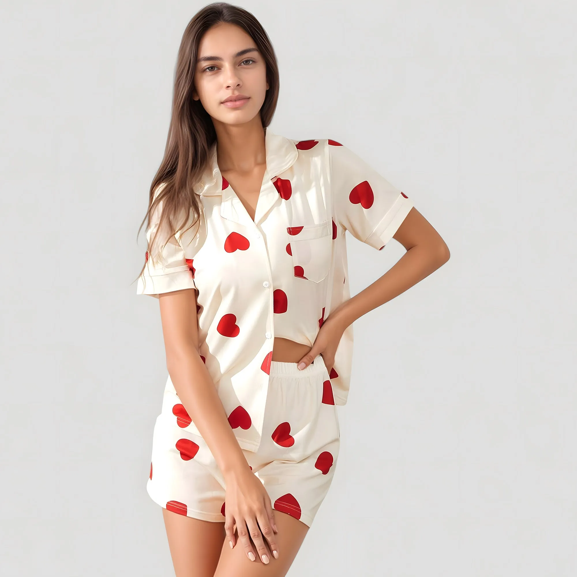 Anna-Kaci Lounge Women's Heart Print Short Sleeve Pajama Set with Chest Pocket and Button Down Top sold by Anna-Kaci product image thumbnail 4