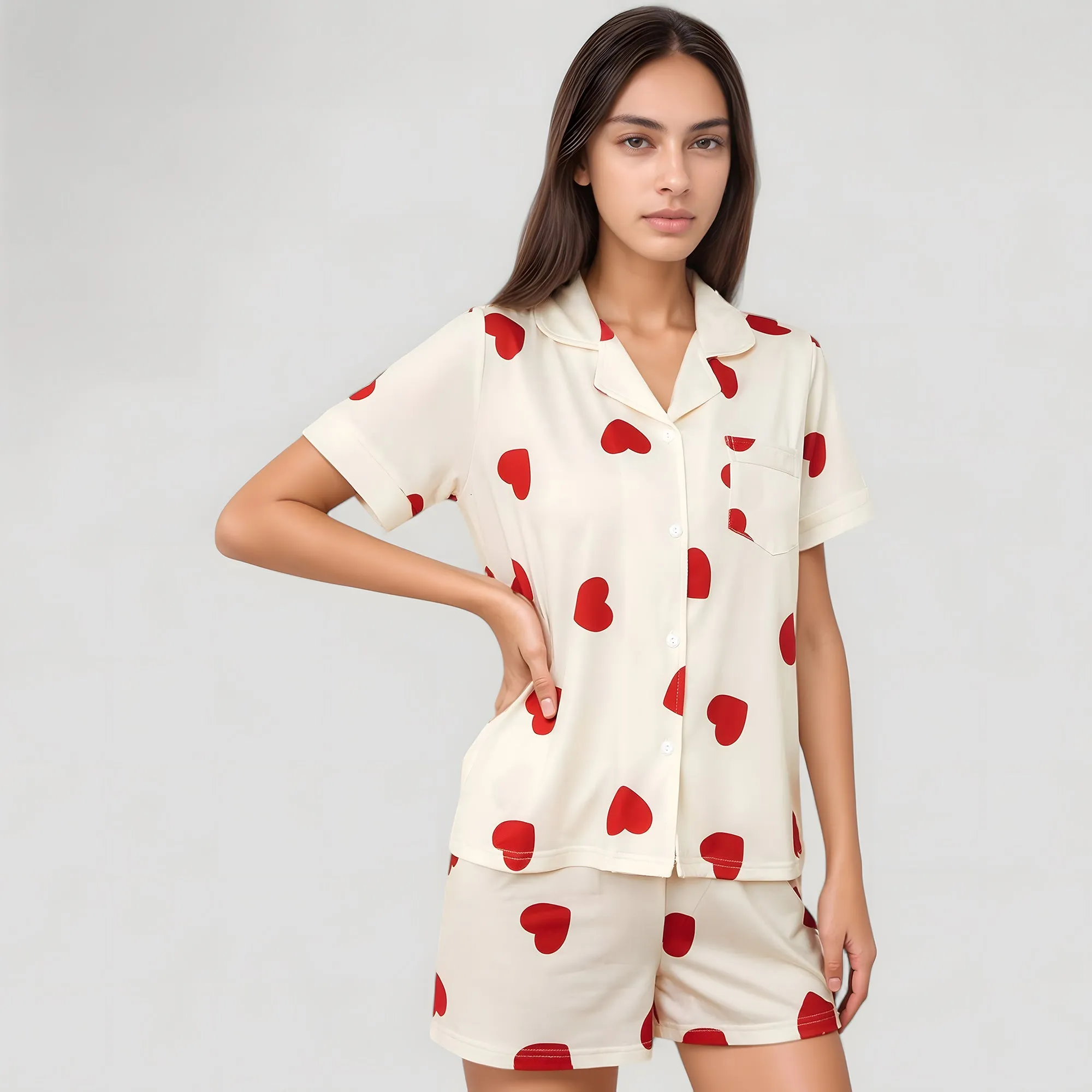 Anna-Kaci Lounge Women's Heart Print Short Sleeve Pajama Set with Chest Pocket and Button Down Top sold by Anna-Kaci product image thumbnail 3