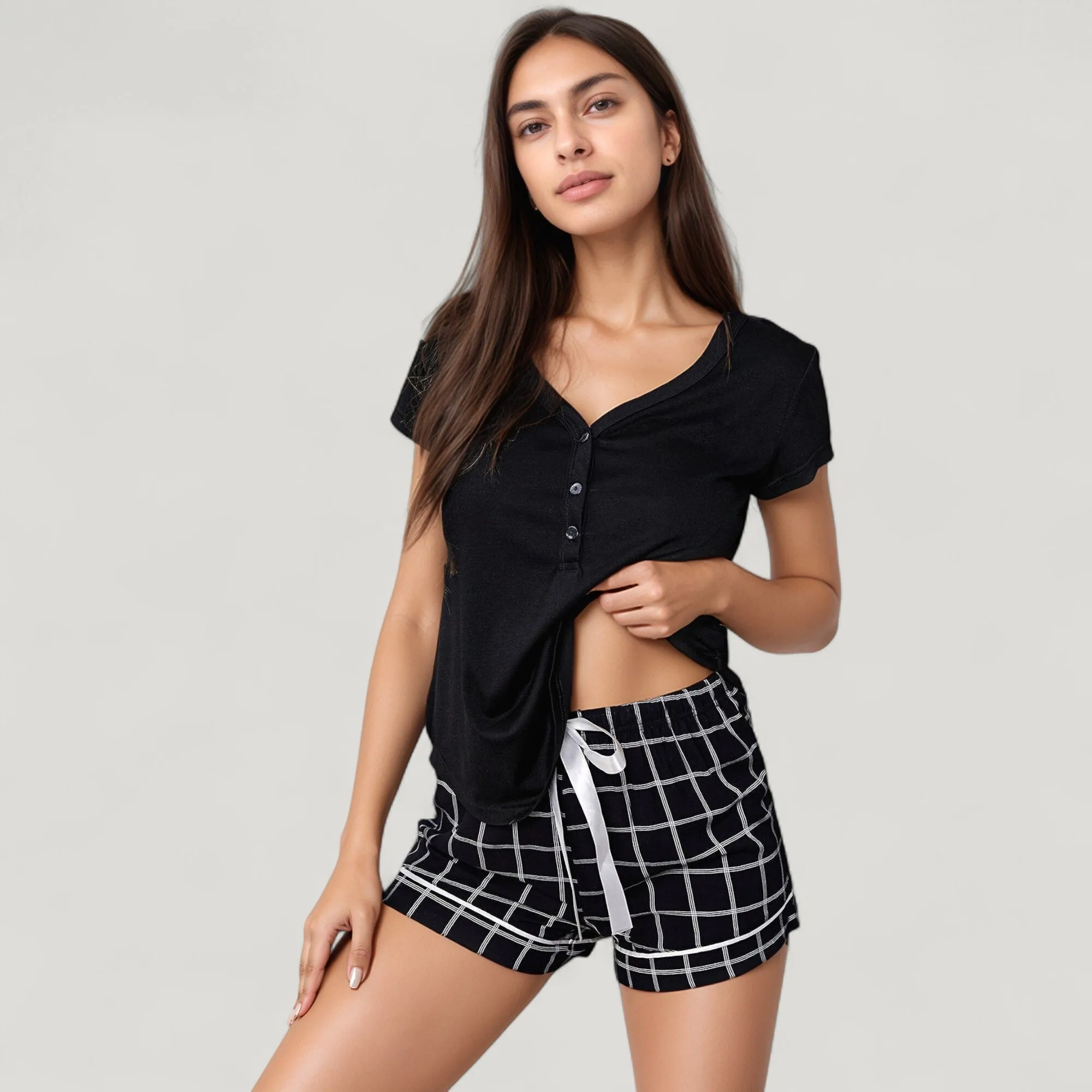 Anna-Kaci Lounge Women's Short Sleeve Button Front Sleep Shirt and Plaid Drawstring Lounge Shorts Pajama Set sold by Anna-Kaci product image thumbnail 4