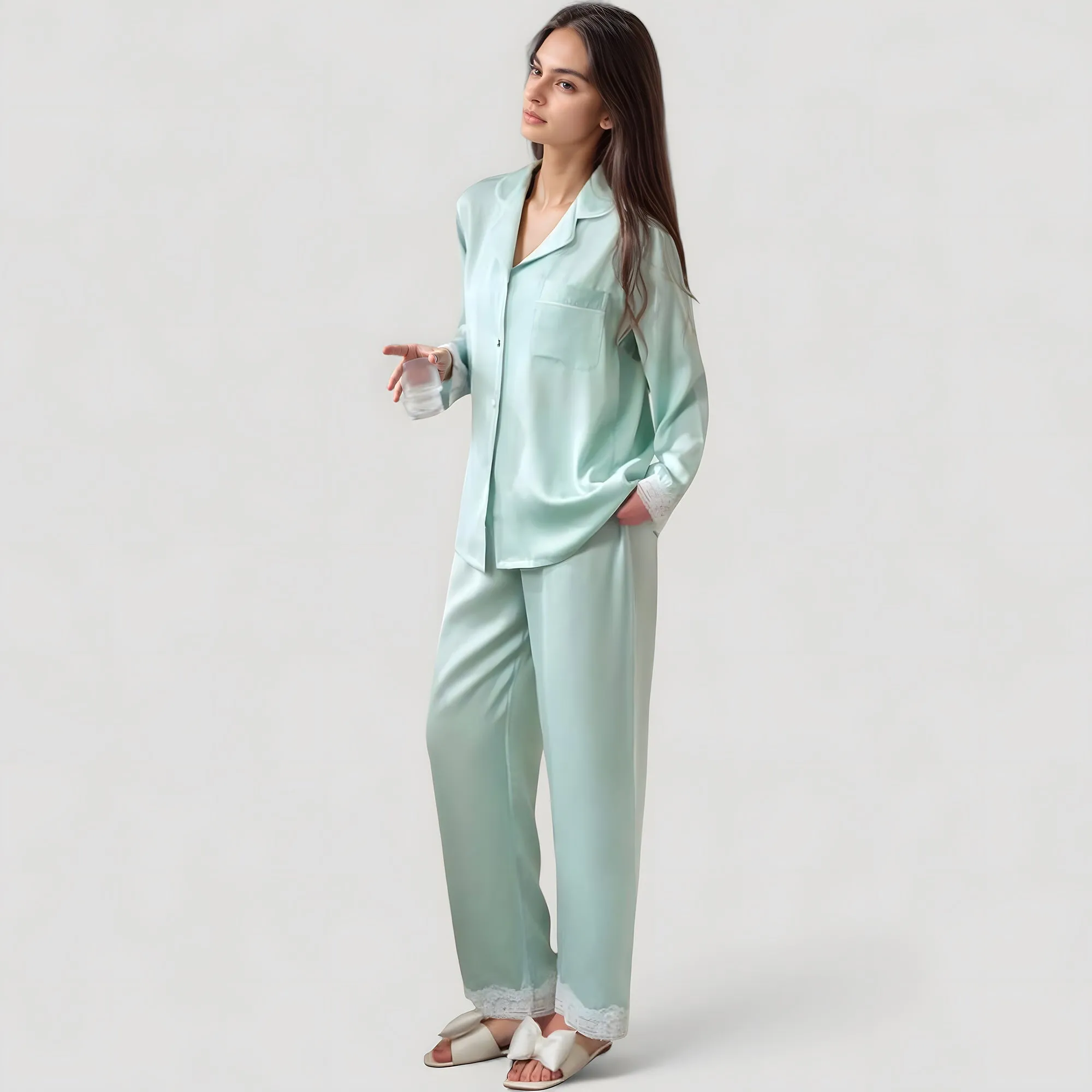 Anna-Kaci Lounge Women's Satin Long Sleeve Button Down Pajama Set with Chest Pocket and Lace Trim Hem Details sold by Anna-Kaci product image thumbnail 2