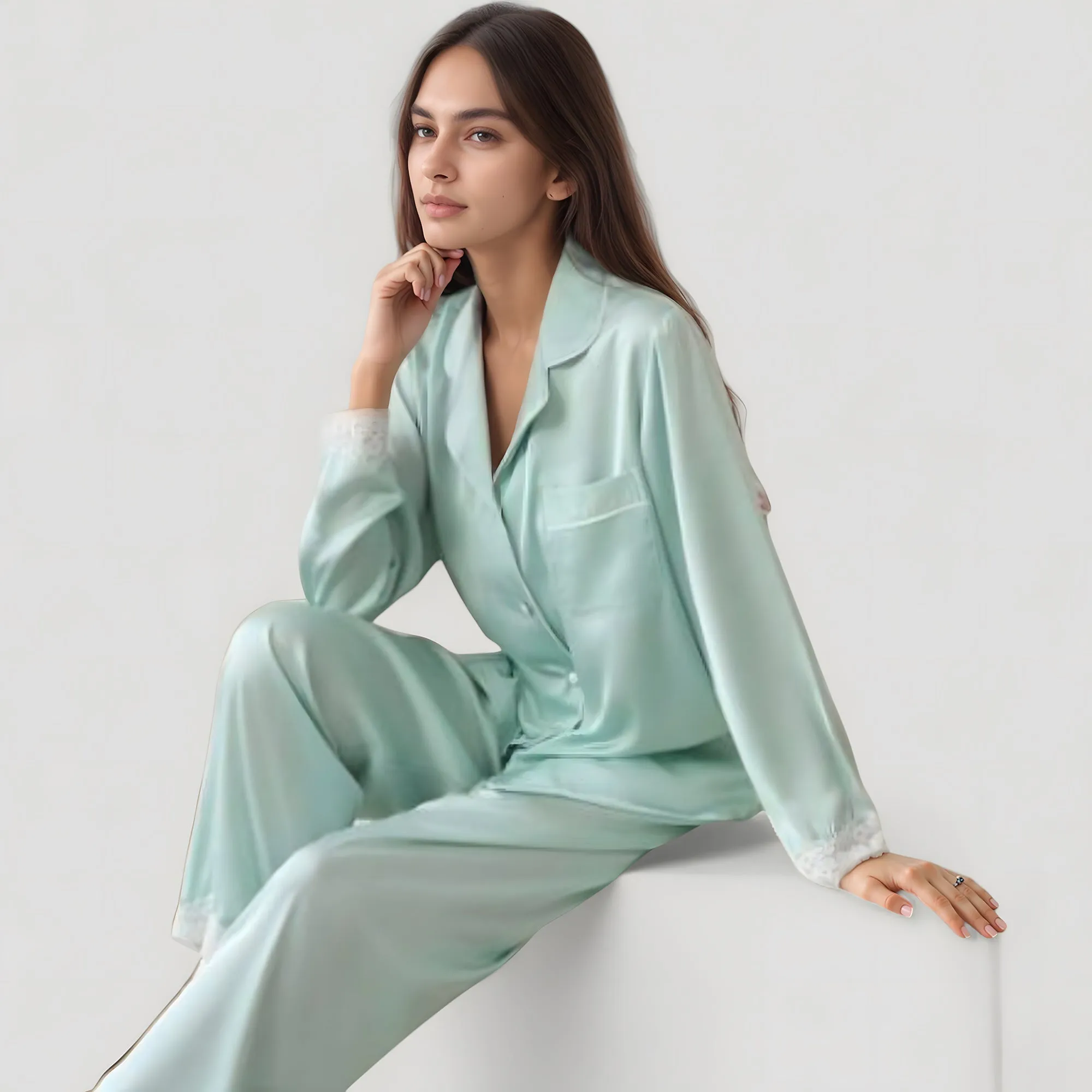 Anna-Kaci Lounge Women's Satin Long Sleeve Button Down Pajama Set with Chest Pocket and Lace Trim Hem Details sold by Anna-Kaci product image thumbnail 3