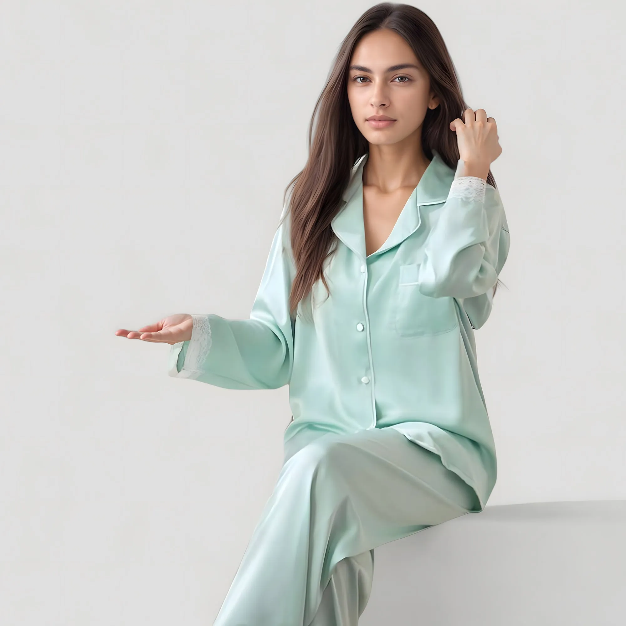 Anna-Kaci Lounge Women's Satin Long Sleeve Button Down Pajama Set with Chest Pocket and Lace Trim Hem Details sold by Anna-Kaci product image thumbnail 4