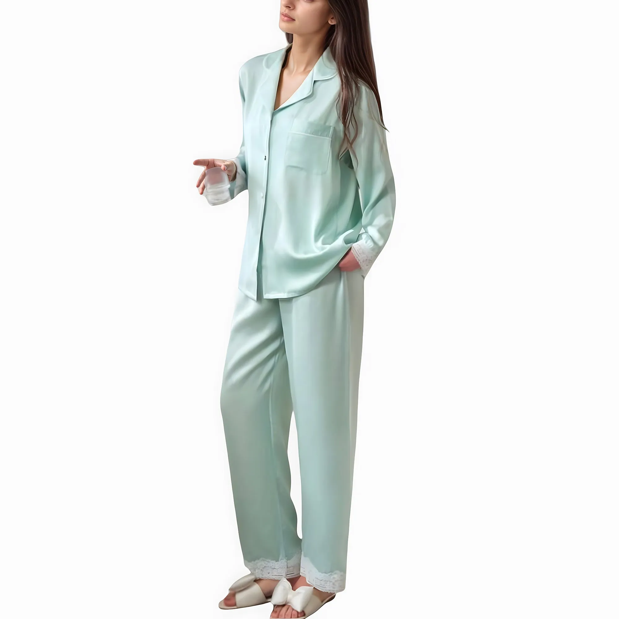 Anna-Kaci Lounge Women's Satin Long Sleeve Button Down Pajama Set with Chest Pocket and Lace Trim Hem Details sold by Anna-Kaci