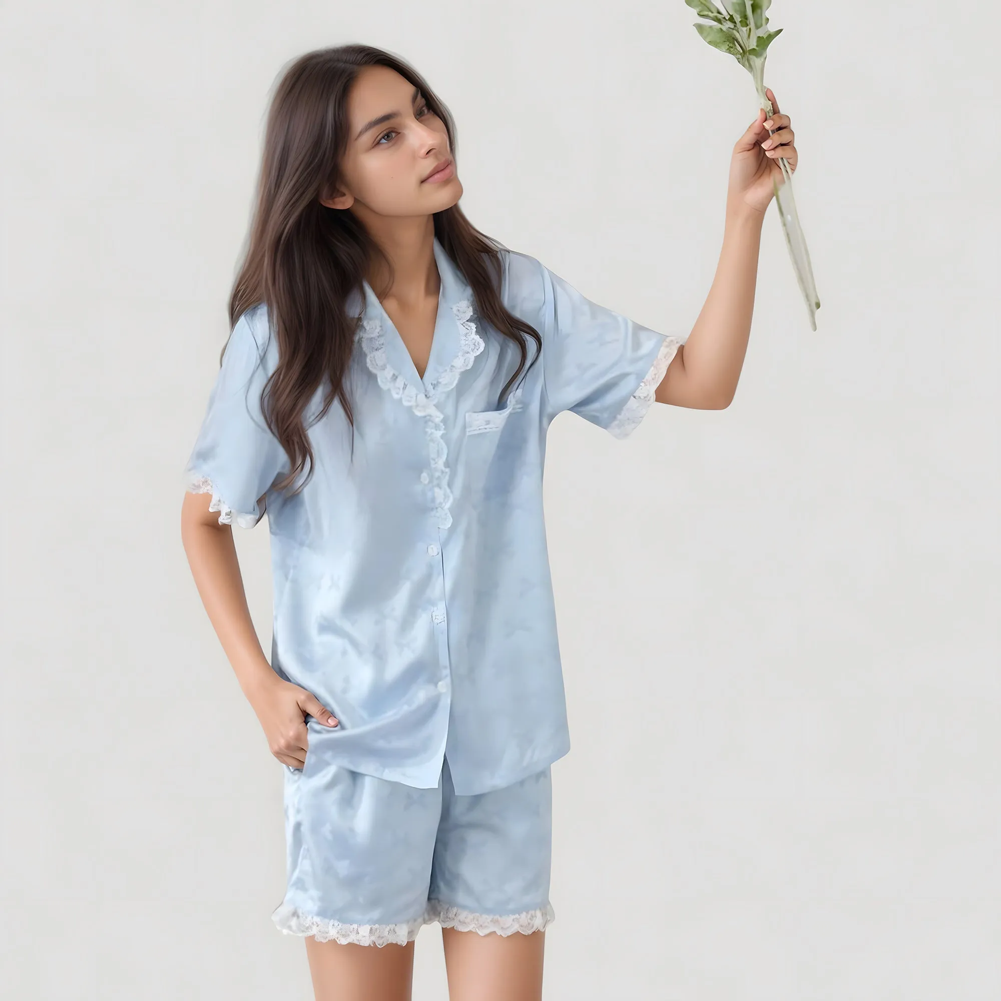 Anna-Kaci Lounge Women's Short Sleeve Satin Pajama Set with Button Down Top Elastic Waist Shorts and Lace Trim Detail sold by Anna-Kaci product image thumbnail 2