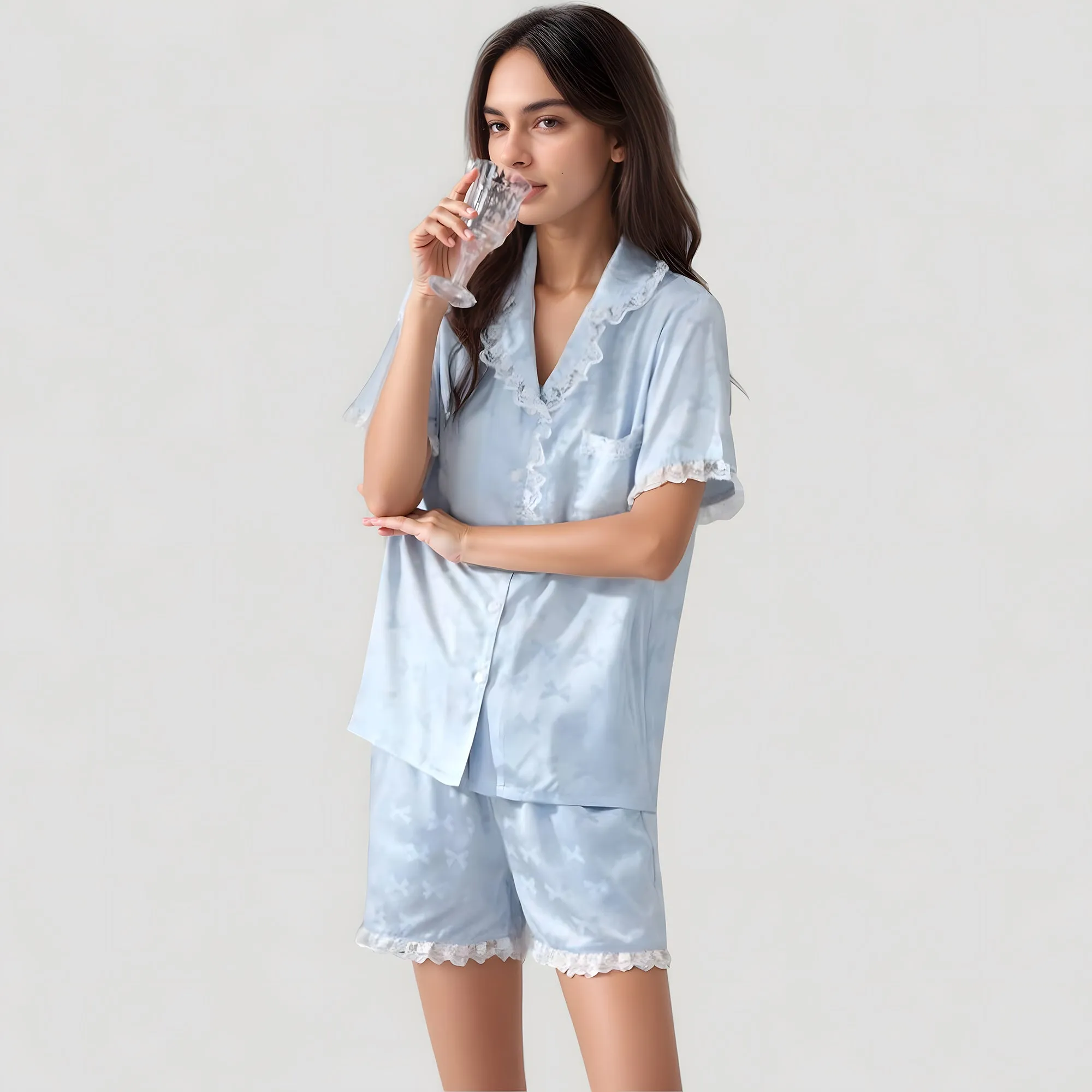 Anna-Kaci Lounge Women's Short Sleeve Satin Pajama Set with Button Down Top Elastic Waist Shorts and Lace Trim Detail sold by Anna-Kaci product image thumbnail 3