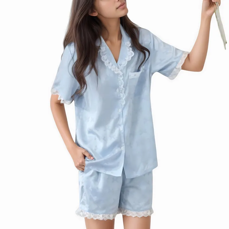 Anna-Kaci Lounge Women's Short Sleeve Satin Pajama Set with Button Down Top Elastic Waist Shorts and Lace Trim Detail sold by Anna-Kaci