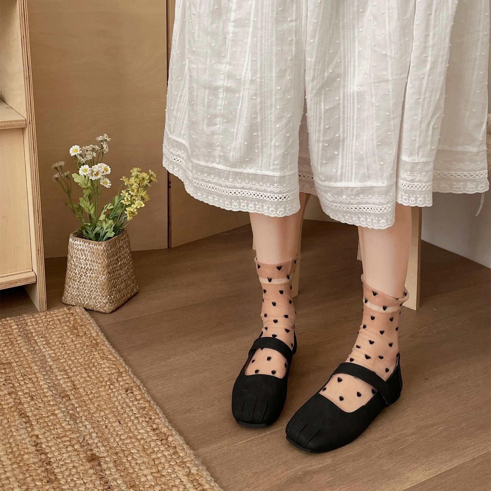 Anna-Kaci Women's Sheer Crew Socks with Flocked Heart Pattern and Reinforced Toe and Heel 2-Pack sold by Anna-Kaci product image thumbnail 4