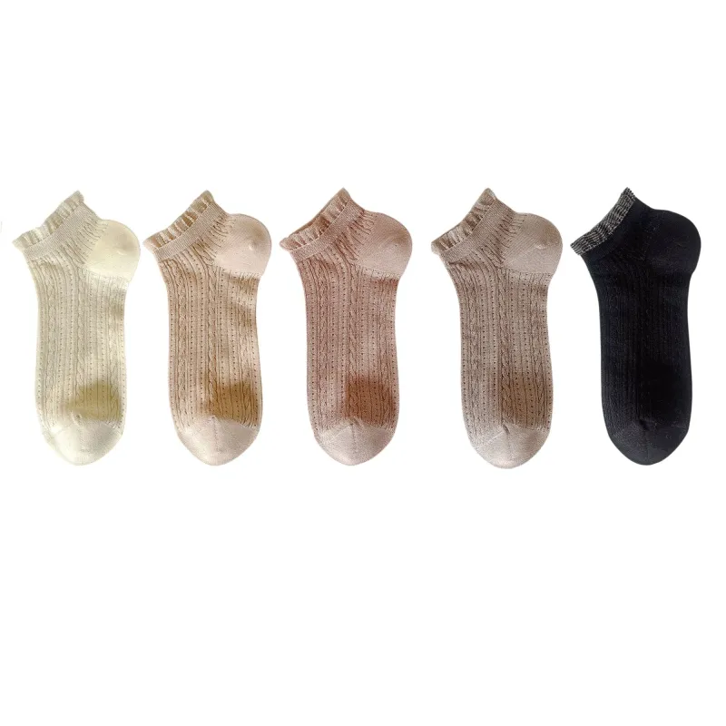Anna-Kaci 5 Pairs Women's Ruffle Cuff Lace Knit Ankle Socks Breathable Soft Stretch Fabric with Multiple Color Options sold by Anna-Kaci