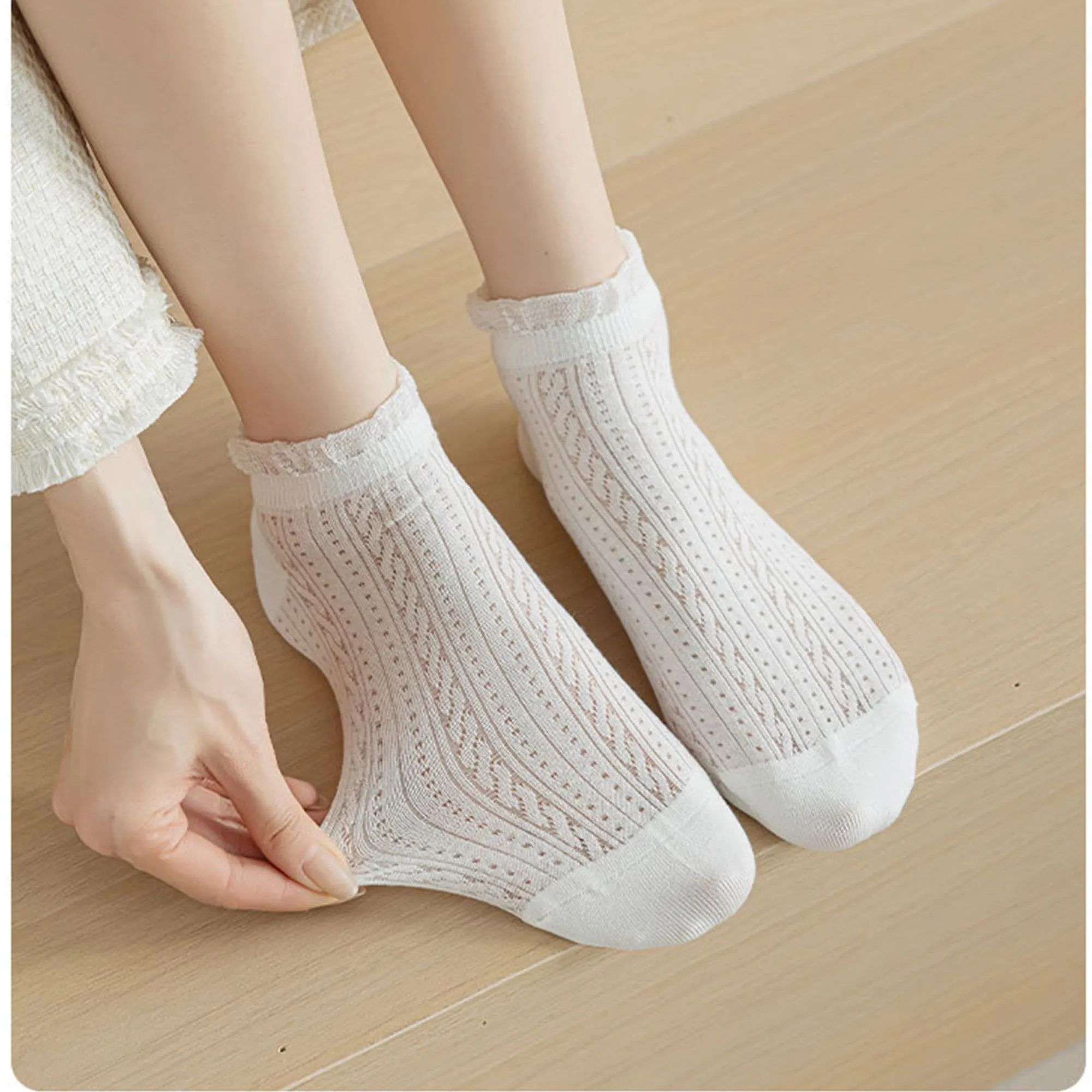 Anna-Kaci 5 Pairs Women's Ruffle Cuff Lace Knit Ankle Socks Breathable Soft Stretch Fabric with Multiple Color Options sold by Anna-Kaci product image thumbnail 2