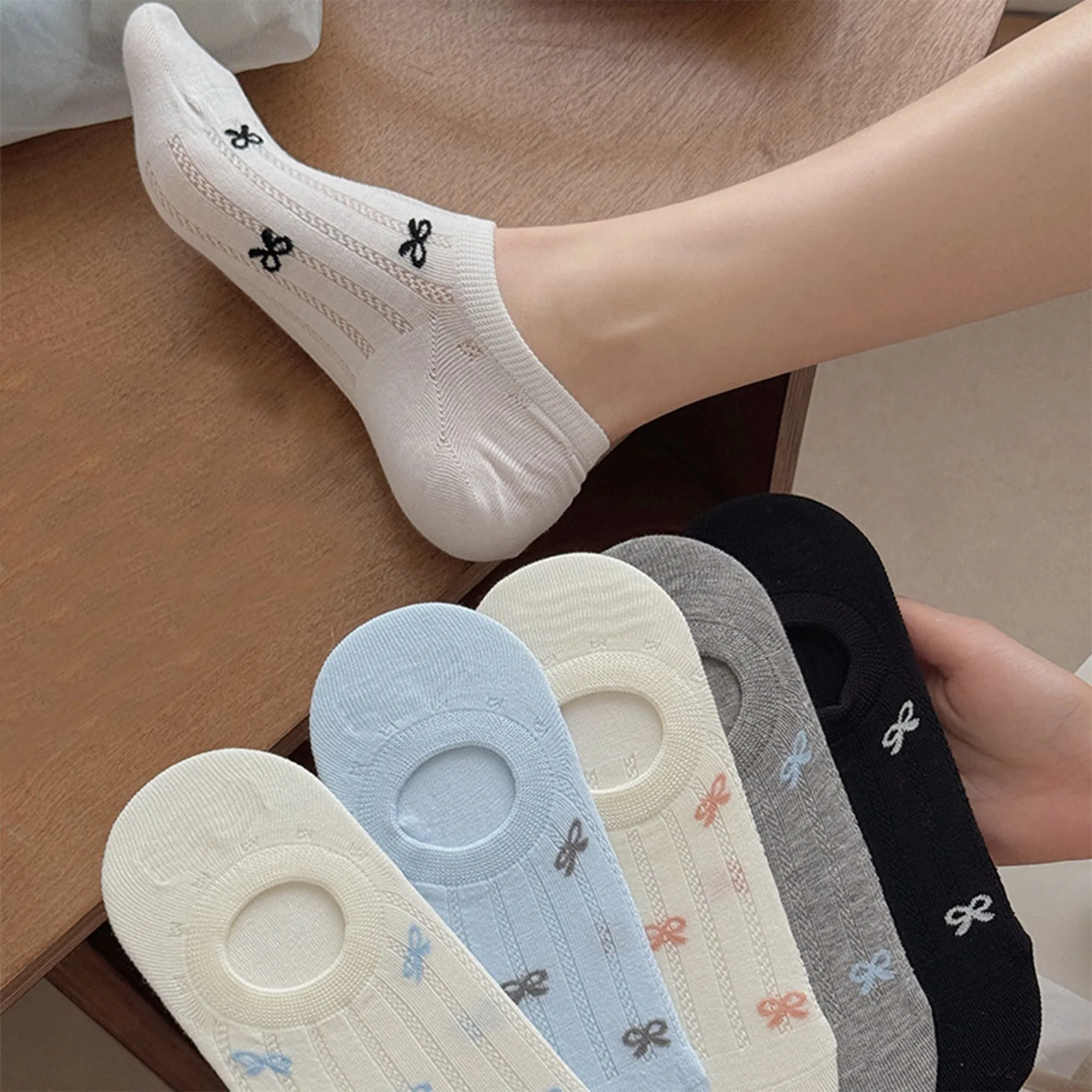 Anna-Kaci 5 Pairs Women's Bow Pattern Low Cut No Show Socks Breathable Mesh Knit Anti-Slip Design Multiple Color Options sold by Anna-Kaci product image thumbnail 2