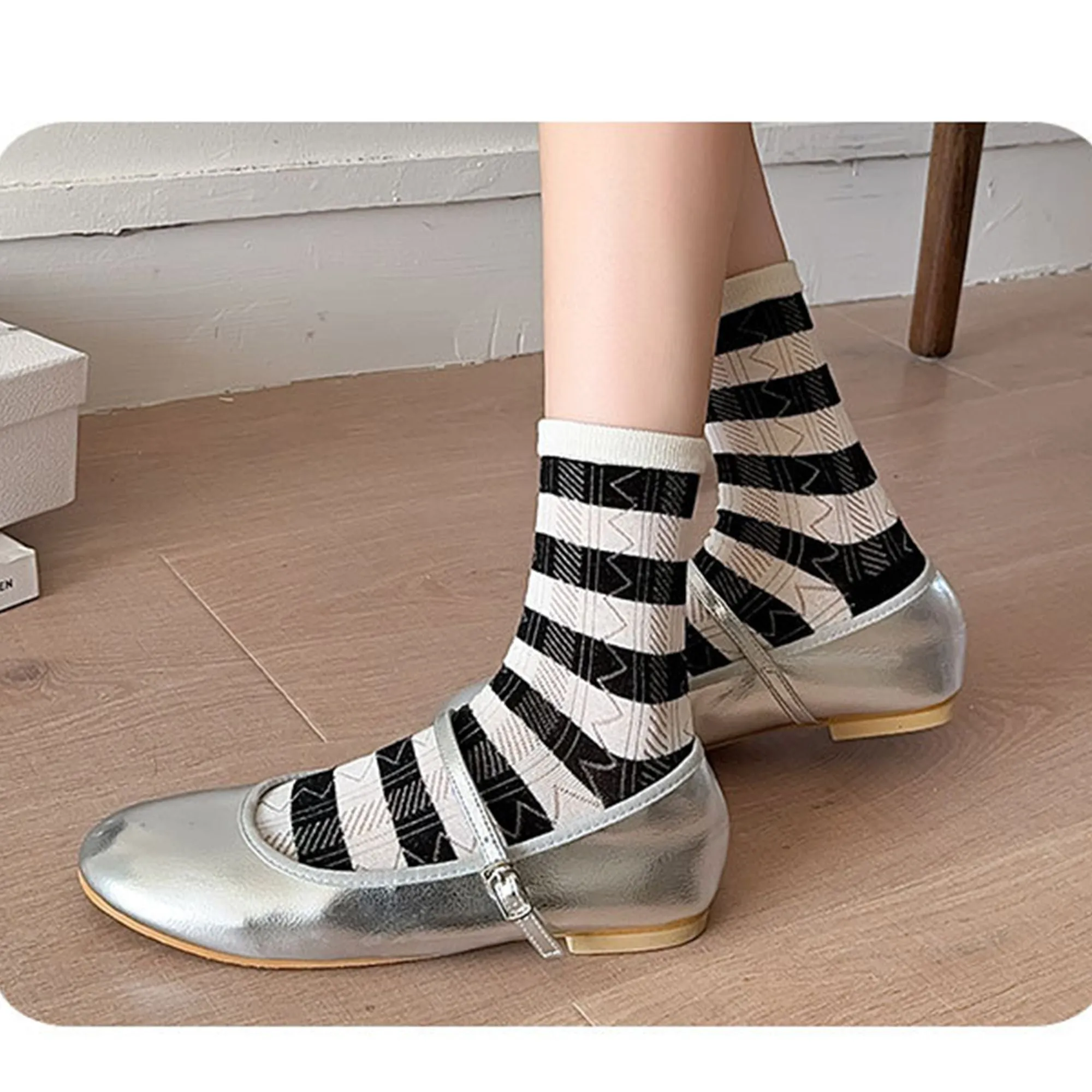 Anna-Kaci 4 Pairs Women's Crew Socks with Black and White Patterns Soft Cotton Texture Heart and Stripe for Flats and Dress Shoes sold by Anna-Kaci product image thumbnail 5