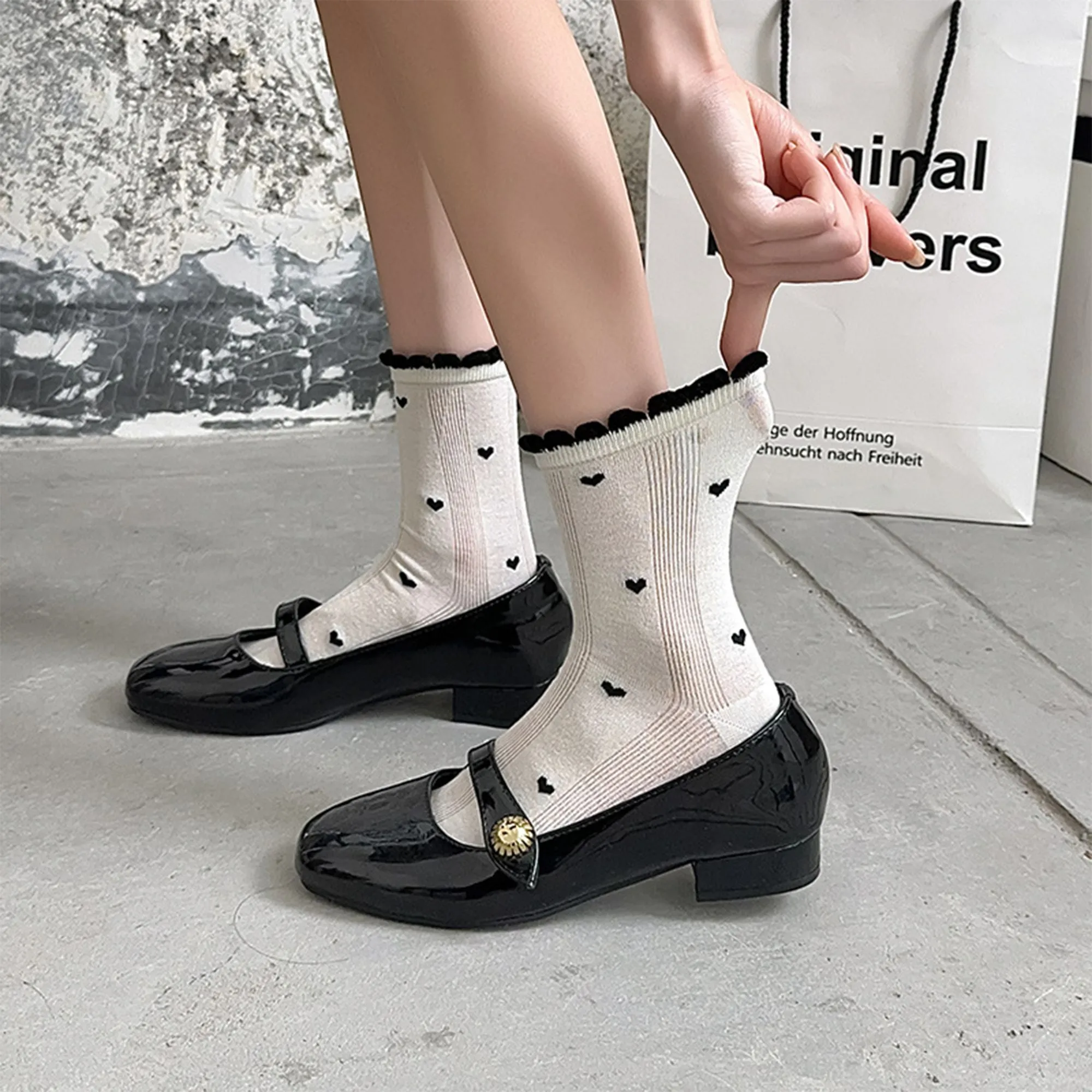 Anna-Kaci 4 Pairs Women's Crew Socks with Black and White Patterns Soft Cotton Texture Heart and Stripe for Flats and Dress Shoes sold by Anna-Kaci product image thumbnail 2