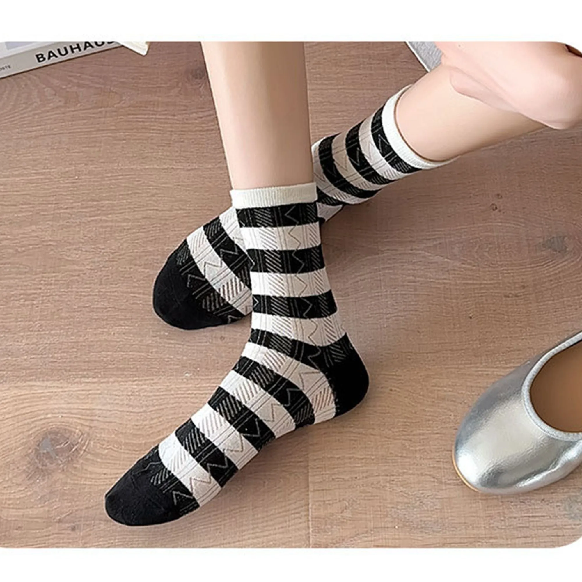 Anna-Kaci 4 Pairs Women's Crew Socks with Black and White Patterns Soft Cotton Texture Heart and Stripe for Flats and Dress Shoes sold by Anna-Kaci product image thumbnail 4