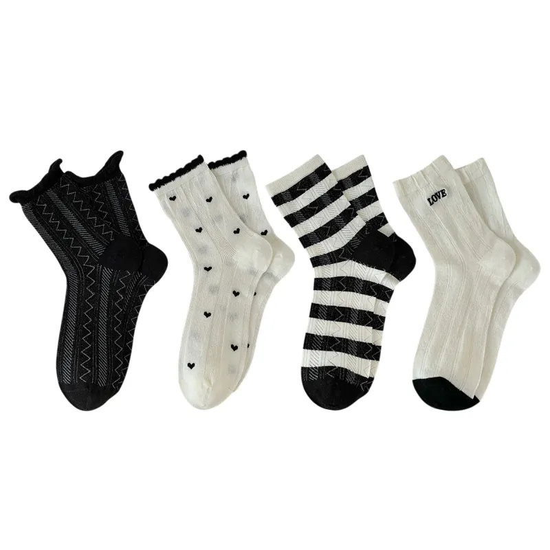 Anna-Kaci 4 Pairs Women's Crew Socks with Black and White Patterns Soft Cotton Texture Heart and Stripe for Flats and Dress Shoes sold by Anna-Kaci