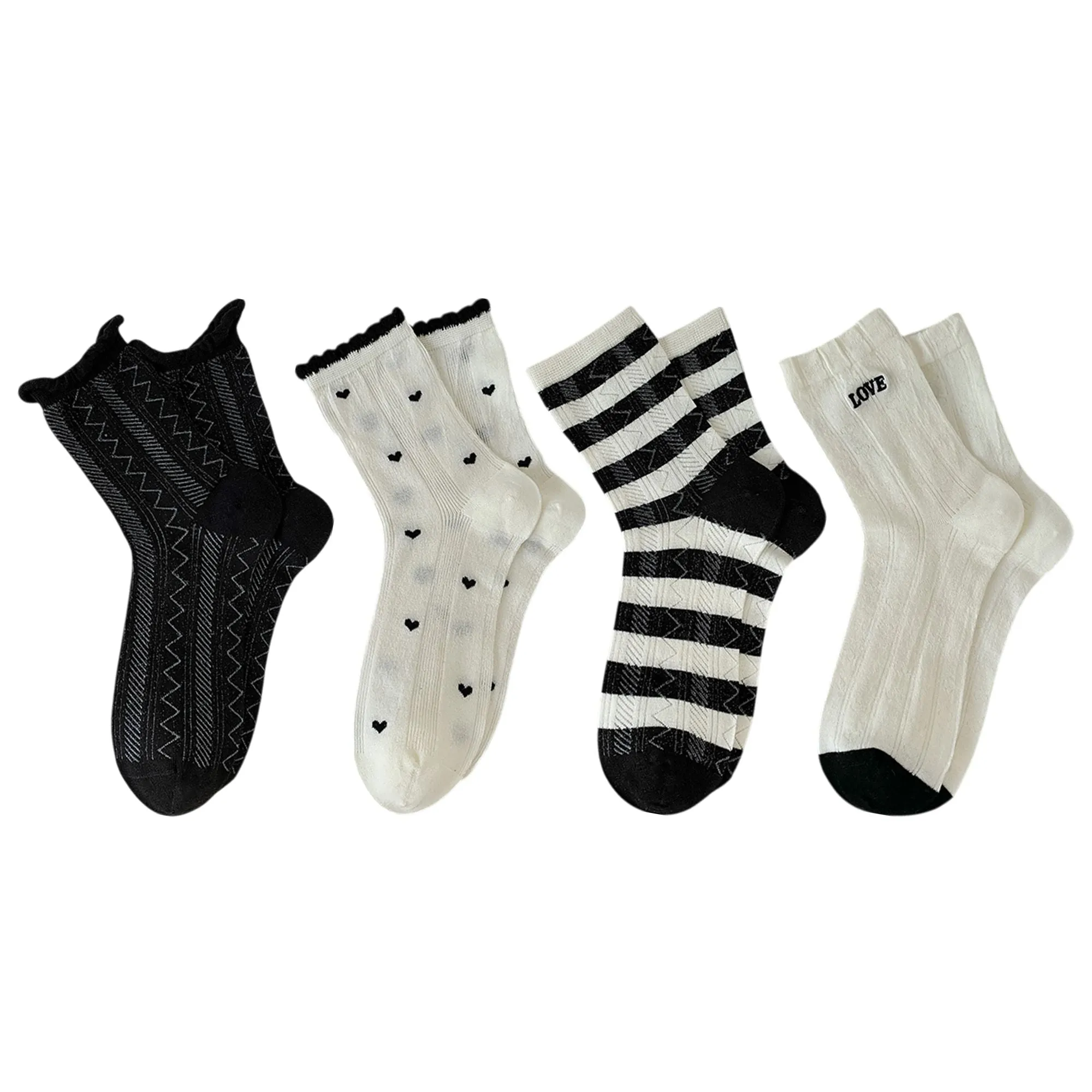 Anna-Kaci 4 Pairs Women's Crew Socks with Black and White Patterns Soft Cotton Texture Heart and Stripe for Flats and Dress Shoes sold by Anna-Kaci