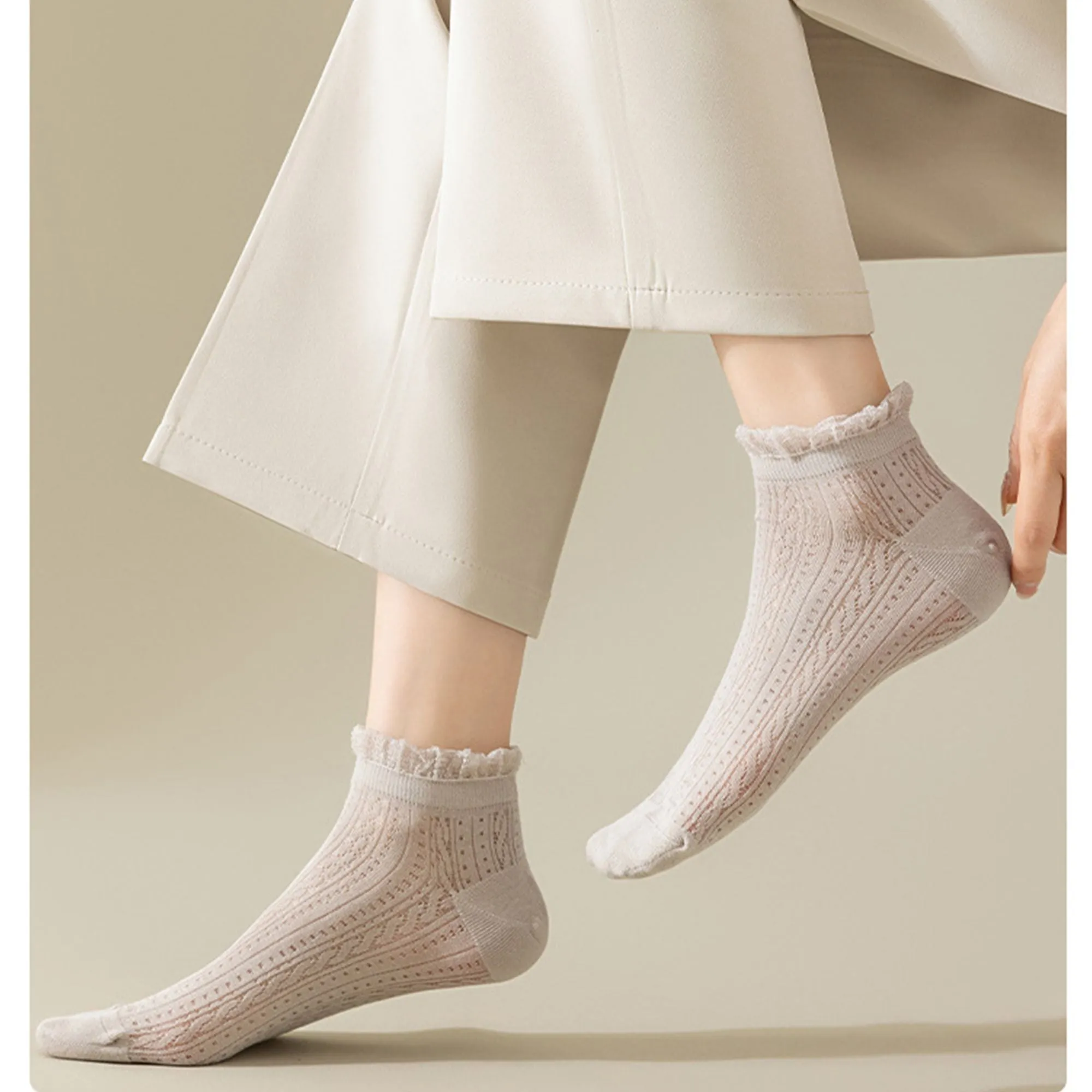 Anna-Kaci Women's 4-Pair Pack Breathable Lace Trim Ankle Socks with Open Knit Mesh Texture and Cotton Comfort sold by Anna-Kaci product image thumbnail 5