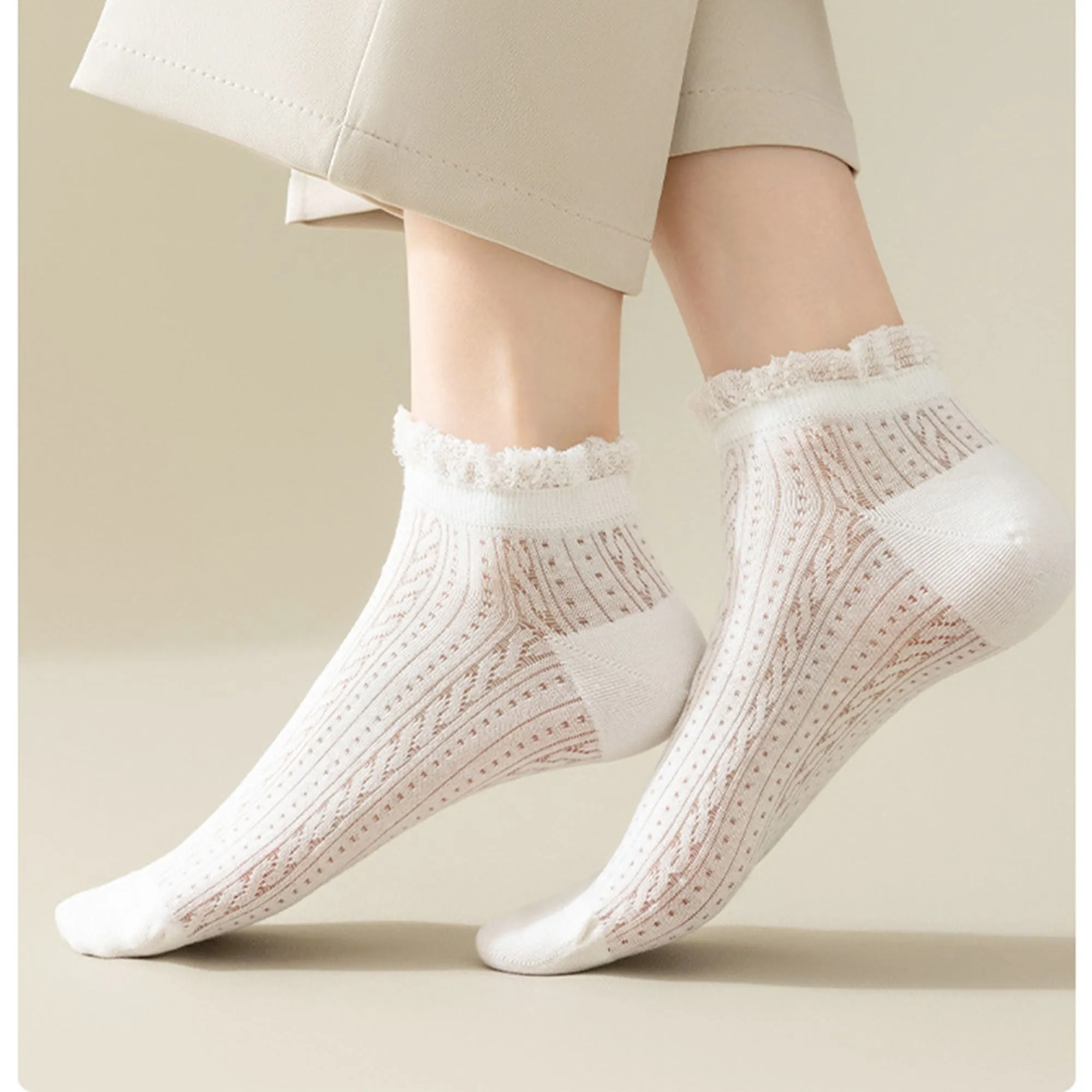 Anna-Kaci Women's 4-Pair Pack Breathable Lace Trim Ankle Socks with Open Knit Mesh Texture and Cotton Comfort sold by Anna-Kaci product image thumbnail 2