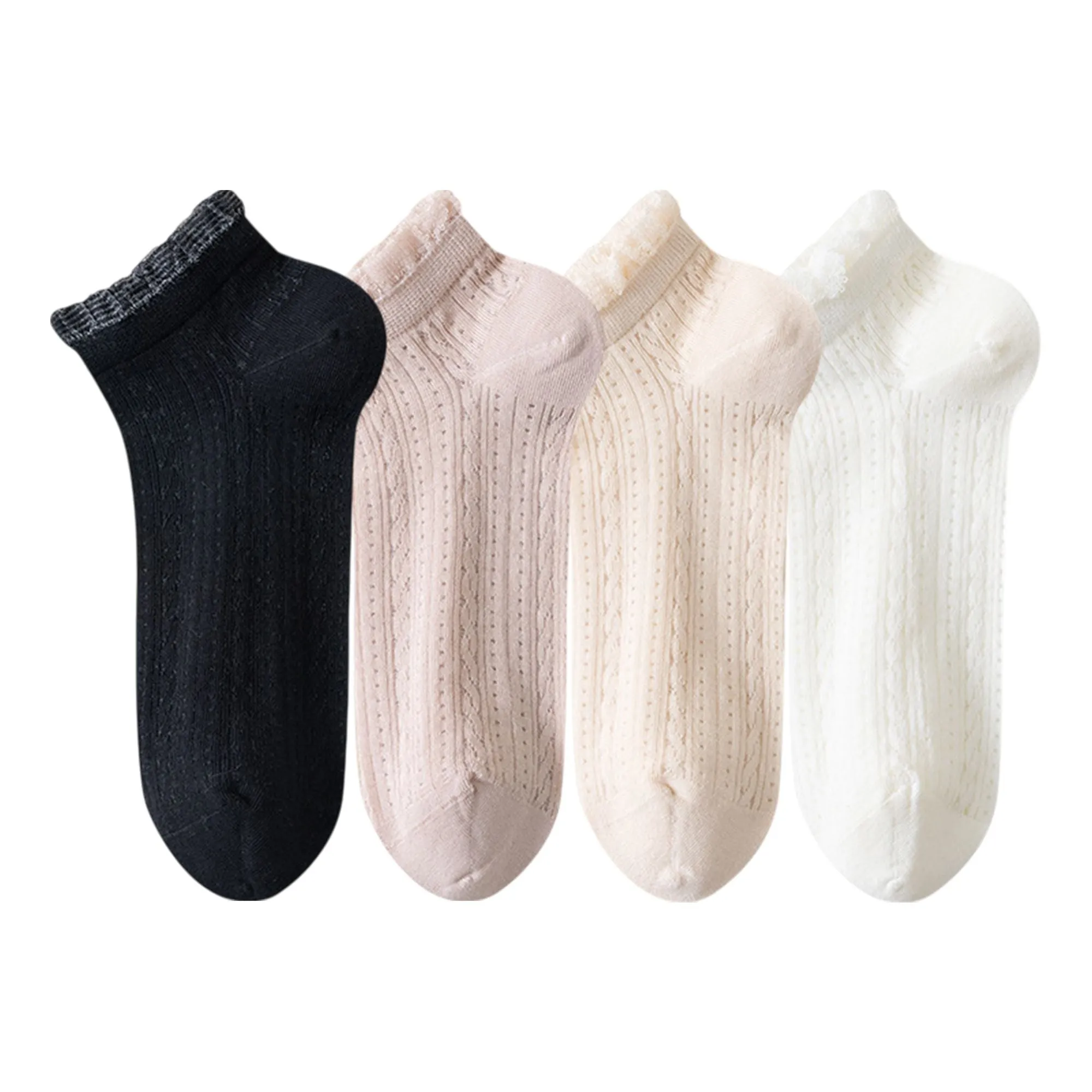 Anna-Kaci Women's 4-Pair Pack Breathable Lace Trim Ankle Socks with Open Knit Mesh Texture and Cotton Comfort sold by Anna-Kaci