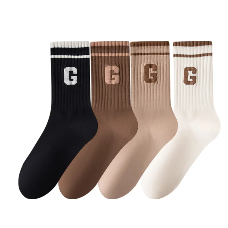 Anna-Kaci Women's 4-Pair Pack Ribbed Cotton Crew Socks with Striped Cuffs and G Letter Detail in Neutral Athletic Color Combinations sold by Anna-Kaci