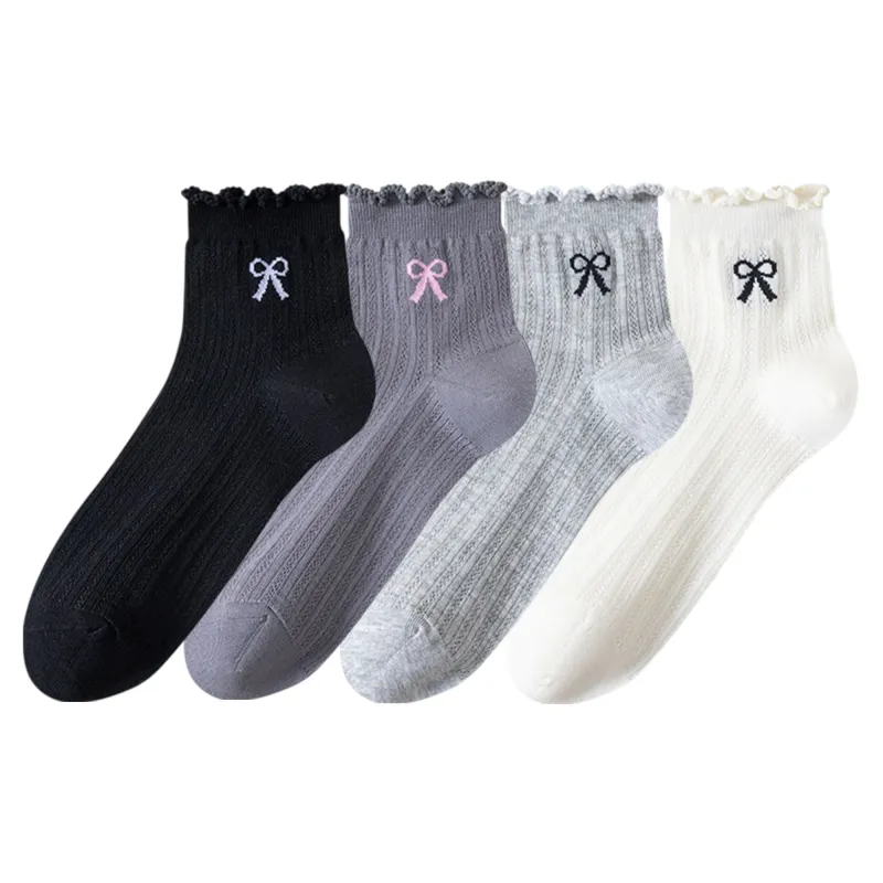 Anna-Kaci Women's 4-Pair Pack Sheer Ribbed Ankle Socks with Ruffled Trim and Embroidered Bow Detail in Multiple Color Combinations sold by Anna-Kaci