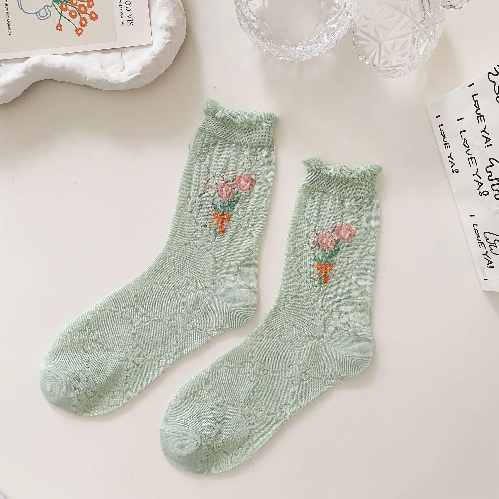 Anna-Kaci Women's Sheer Floral Embroidered Ankle Socks with Ruffle Cuff 6Pk sold by Anna-Kaci product image thumbnail 2