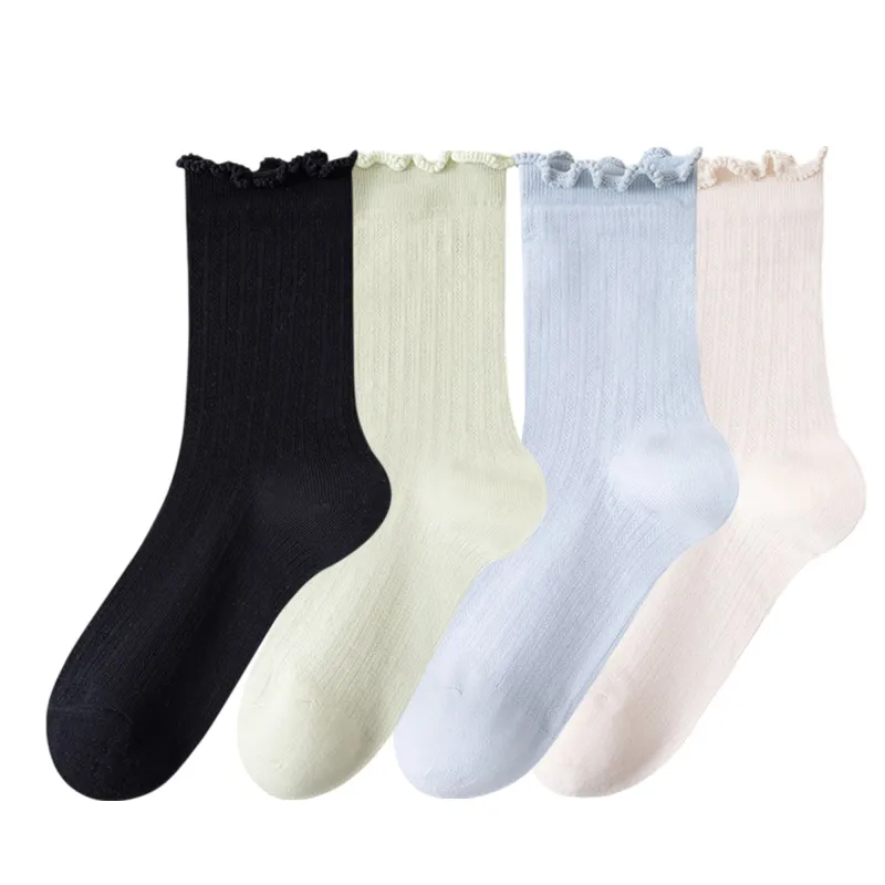 Anna-Kaci Women's 4-Pair Pack Soft Ribbed Ankle Socks with Ruffled Edge Trim Lightweight Knit Design in Multiple Color Combinations sold by Anna-Kaci