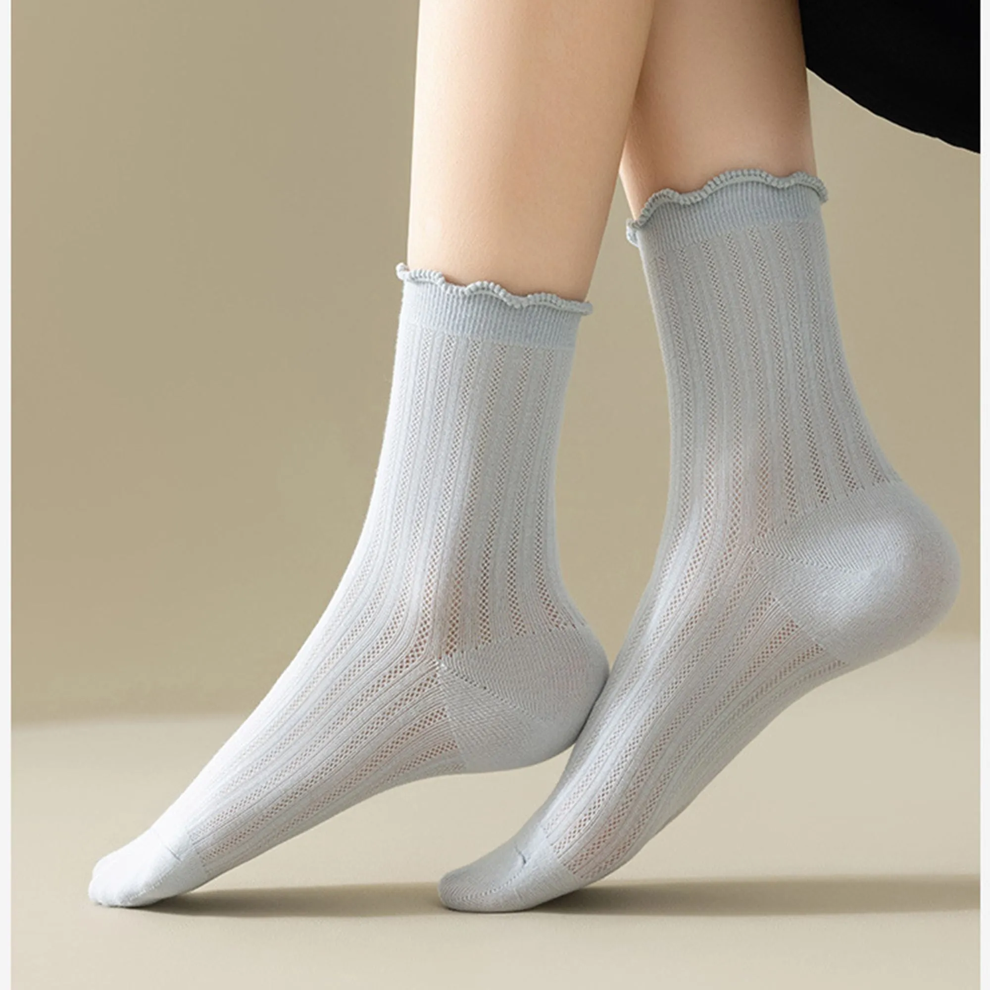 Anna-Kaci Women's 4-Pair Pack Soft Ribbed Ankle Socks with Ruffled Edge Trim Lightweight Knit Design in Multiple Color Combinations sold by Anna-Kaci product image thumbnail 2