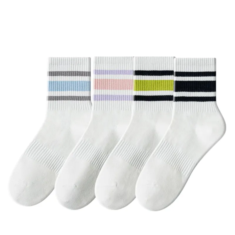 Anna-Kaci Crew Socks 4-Pack White Base Colorful Ribbed Cuff Striped Design Stretch Comfort Breathable Fit sold by Anna-Kaci