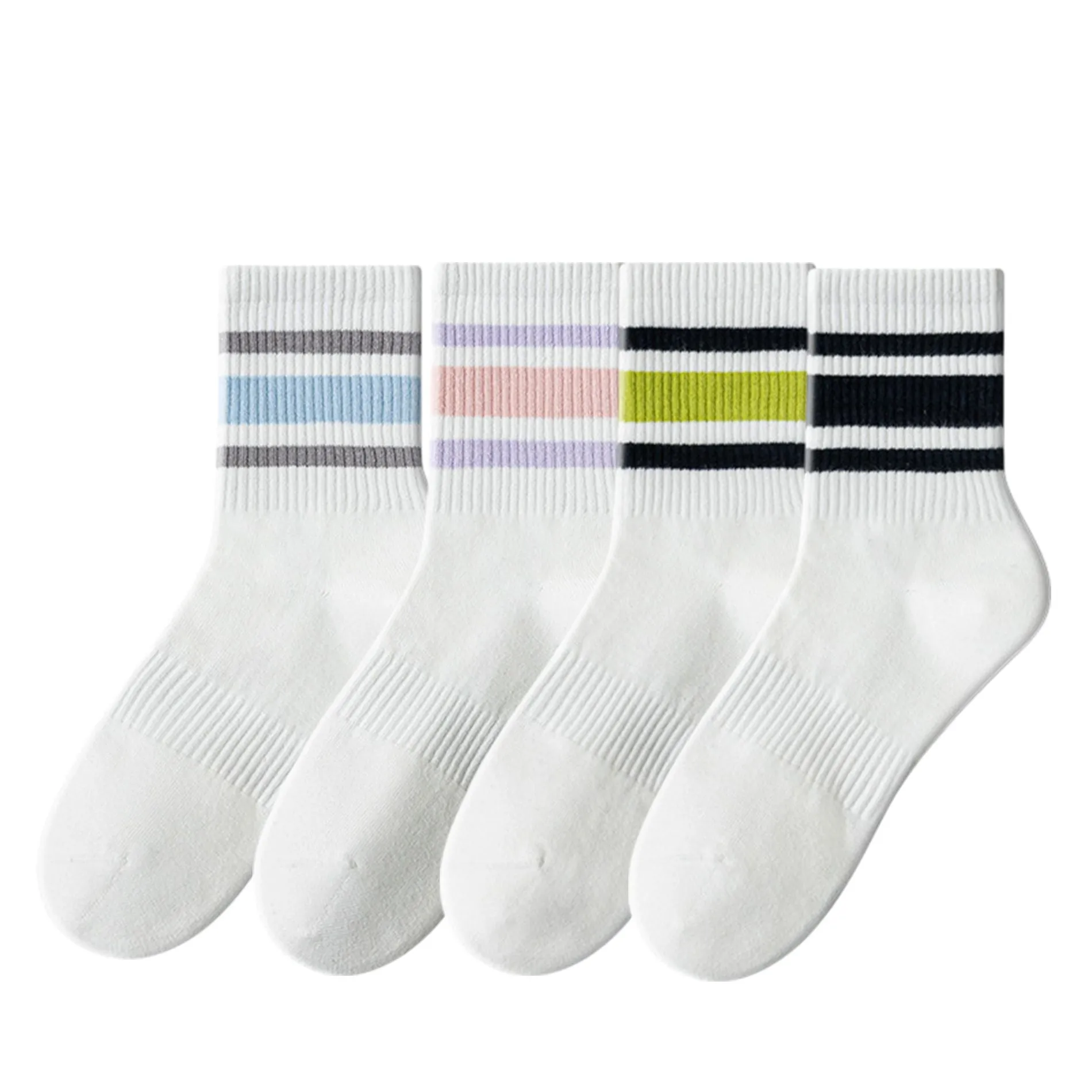 Anna-Kaci Crew Socks 4-Pack White Base Colorful Ribbed Cuff Striped Design Stretch Comfort Breathable Fit sold by Anna-Kaci