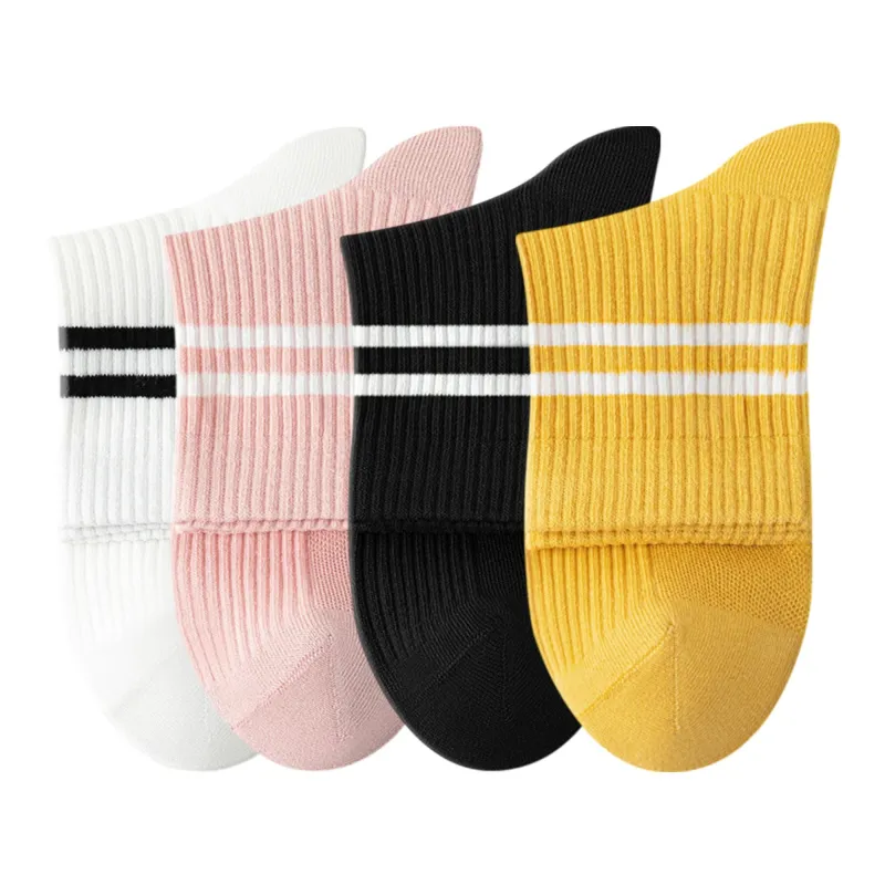 Anna-Kaci Womens Athletic Crew Socks 4-Pack Ribbed Knit Design Contrast Double Stripe Stretch Comfort Everyday Fit sold by Anna-Kaci