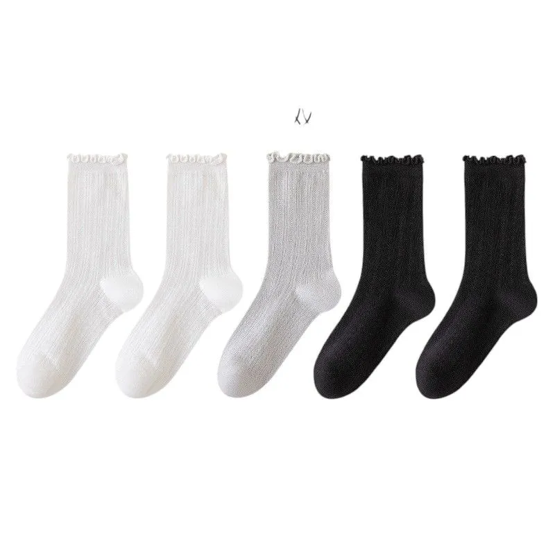 Anna-Kaci Women's Ribbed Crew Socks with Ruffle Lettuce Trim Soft Stretch Knit Comfortable Everyday 5-Pack sold by Anna-Kaci