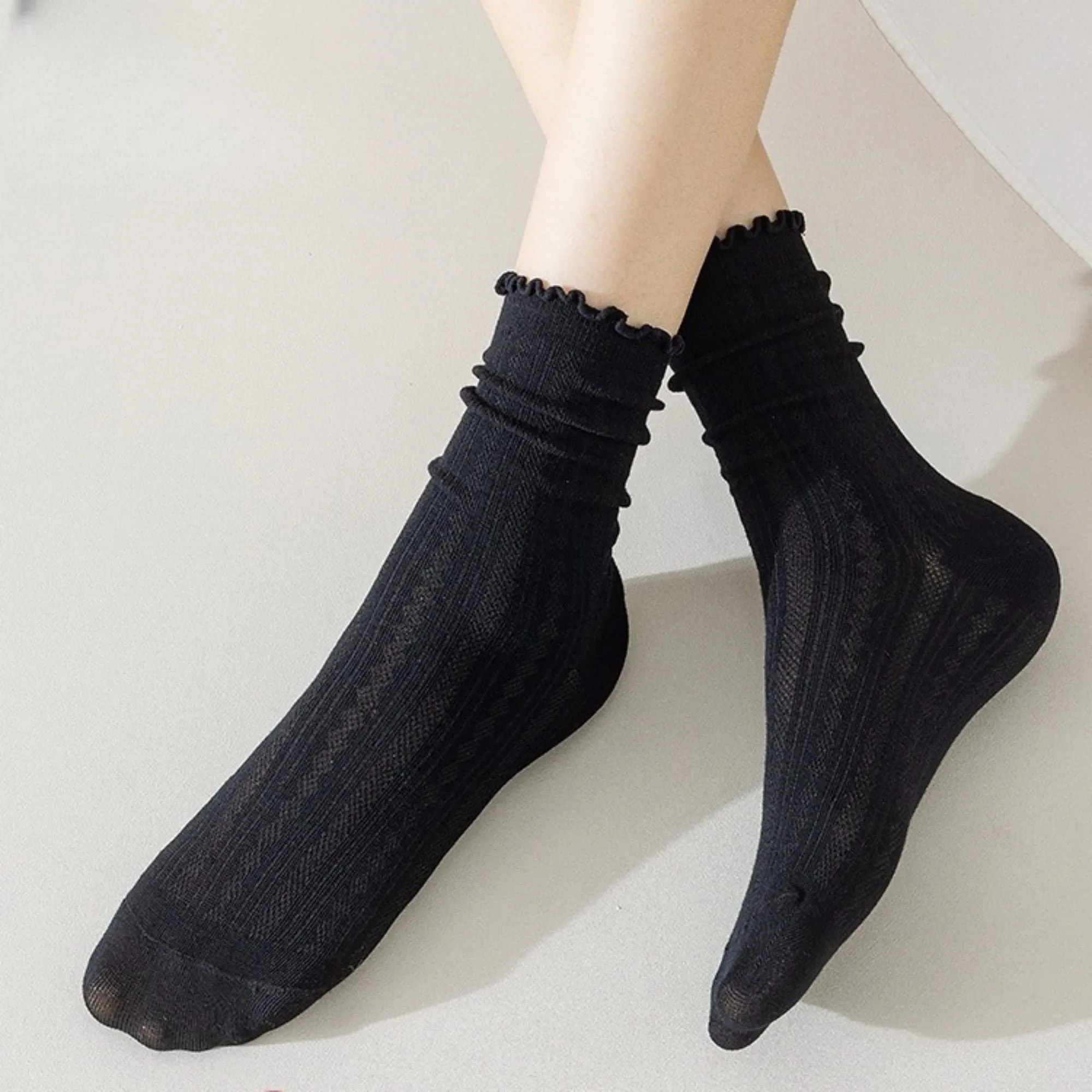 Anna-Kaci Women's Ribbed Crew Socks with Ruffle Lettuce Trim Soft Stretch Knit Comfortable Everyday 5-Pack sold by Anna-Kaci product image thumbnail 2