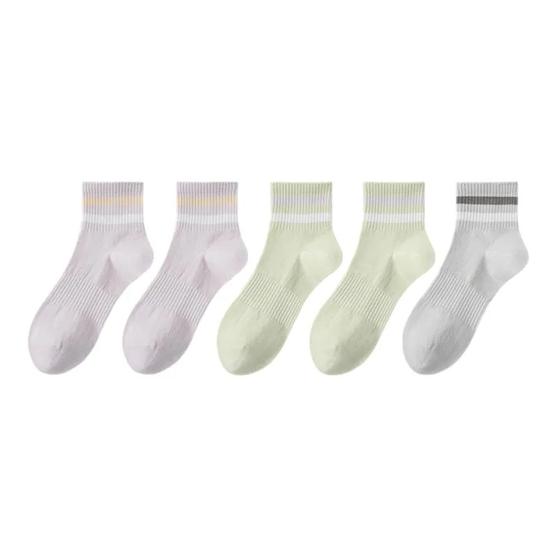 Anna-Kaci 5 Pairs Women Cotton Ankle Socks with Pastel Striped Cuffs Soft Breathable Knit Fabric for Everyday Comfort sold by Anna-Kaci