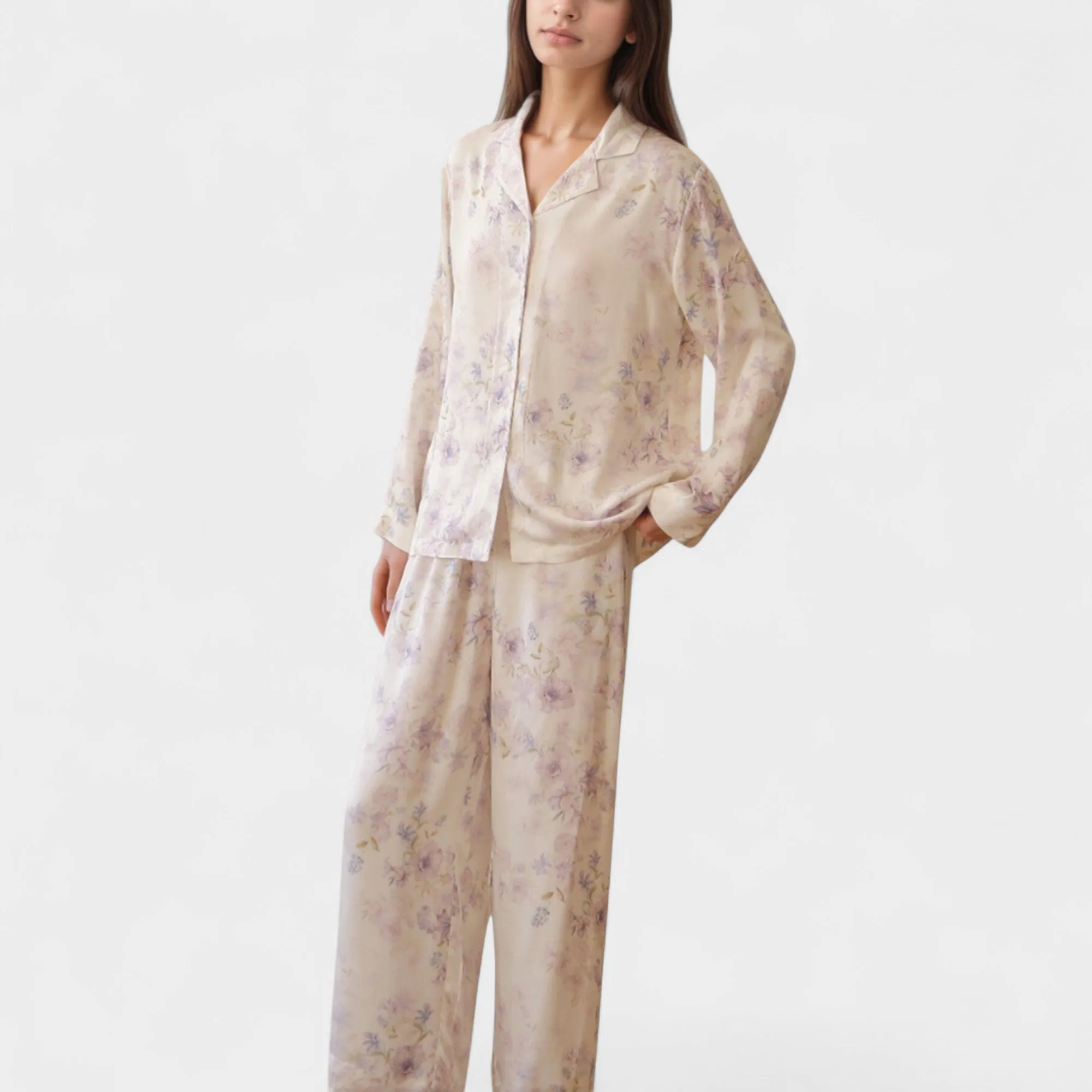 Anna-Kaci Lounge Women's Long Sleeve Pajama Set Watercolor Floral Print Button-Up Top with Relaxed Wide Leg Pants sold by Anna-Kaci