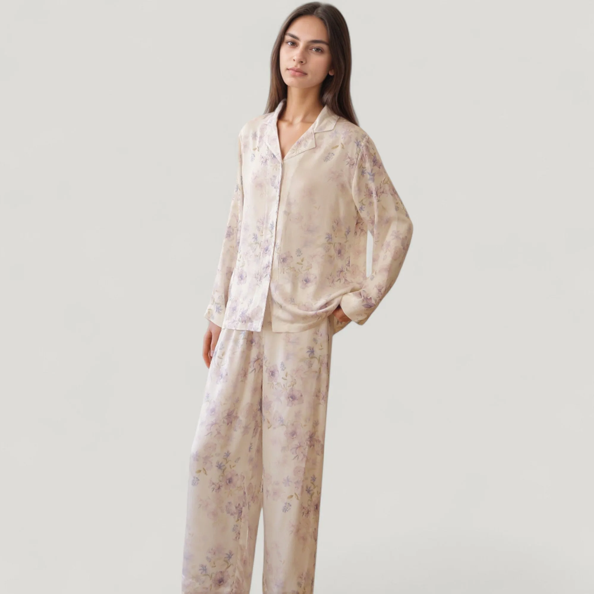 Anna-Kaci Lounge Women's Long Sleeve Pajama Set Watercolor Floral Print Button-Up Top with Relaxed Wide Leg Pants sold by Anna-Kaci product image thumbnail 5
