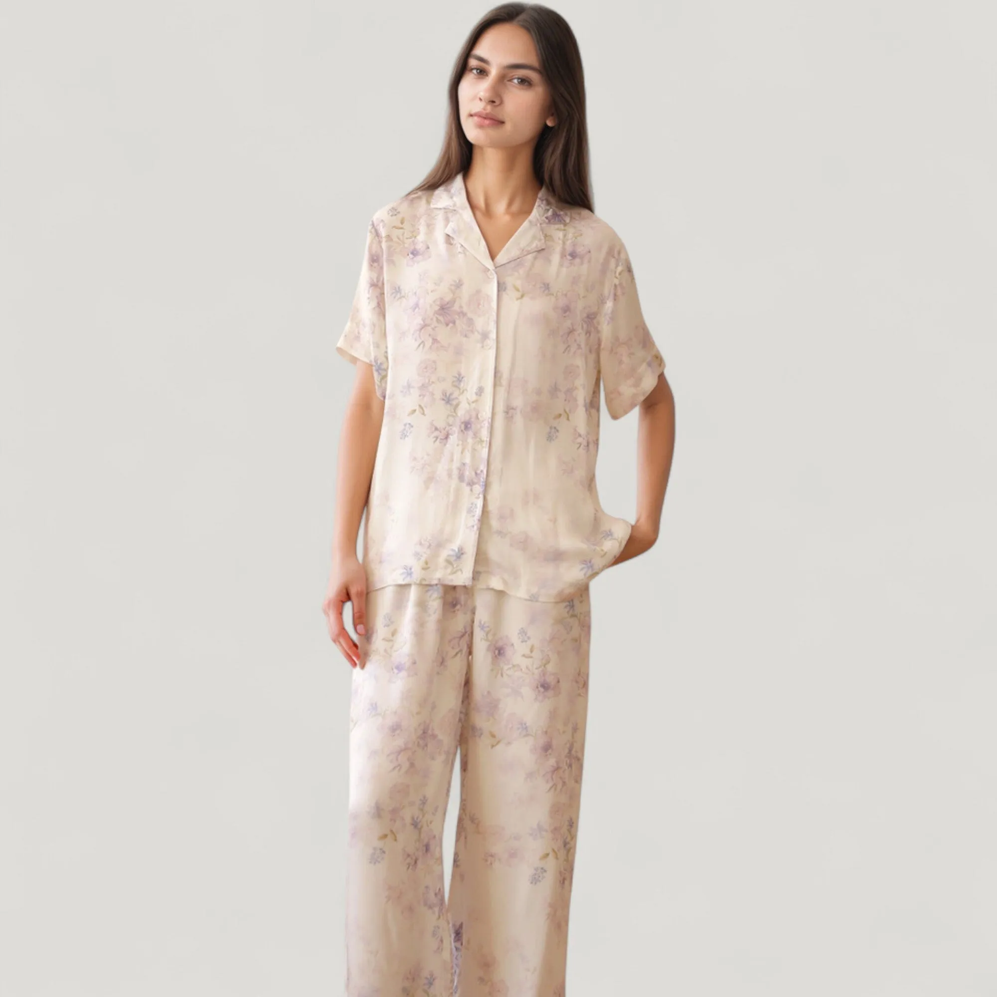 Anna-Kaci Lounge Women's Long Sleeve Pajama Set Watercolor Floral Print Button-Up Top with Relaxed Wide Leg Pants sold by Anna-Kaci product image thumbnail 2
