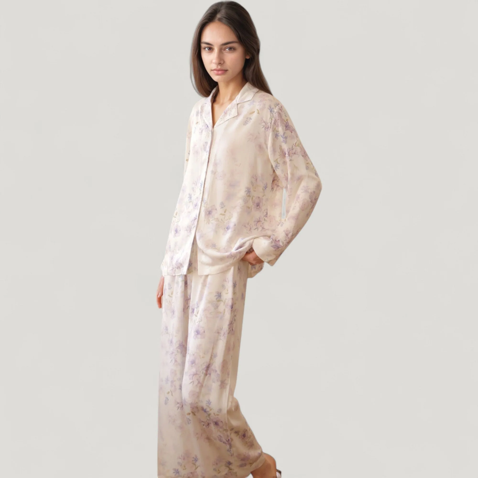 Anna-Kaci Lounge Women's Long Sleeve Pajama Set Watercolor Floral Print Button-Up Top with Relaxed Wide Leg Pants sold by Anna-Kaci product image thumbnail 3