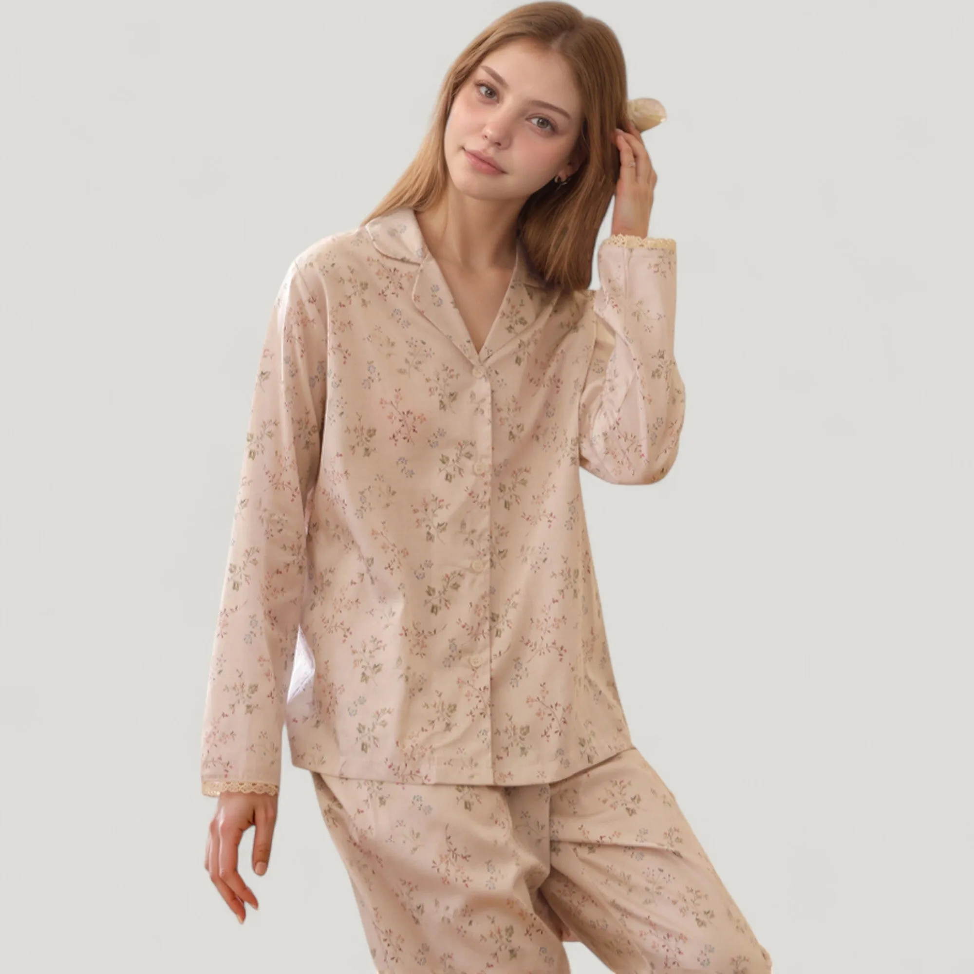 Anna-Kaci Lounge Women's Long Sleeve Pajama Set Small Floral Print Button-Up Top with Notch Collar and Relaxed Fit Pants sold by Anna-Kaci product image thumbnail 4