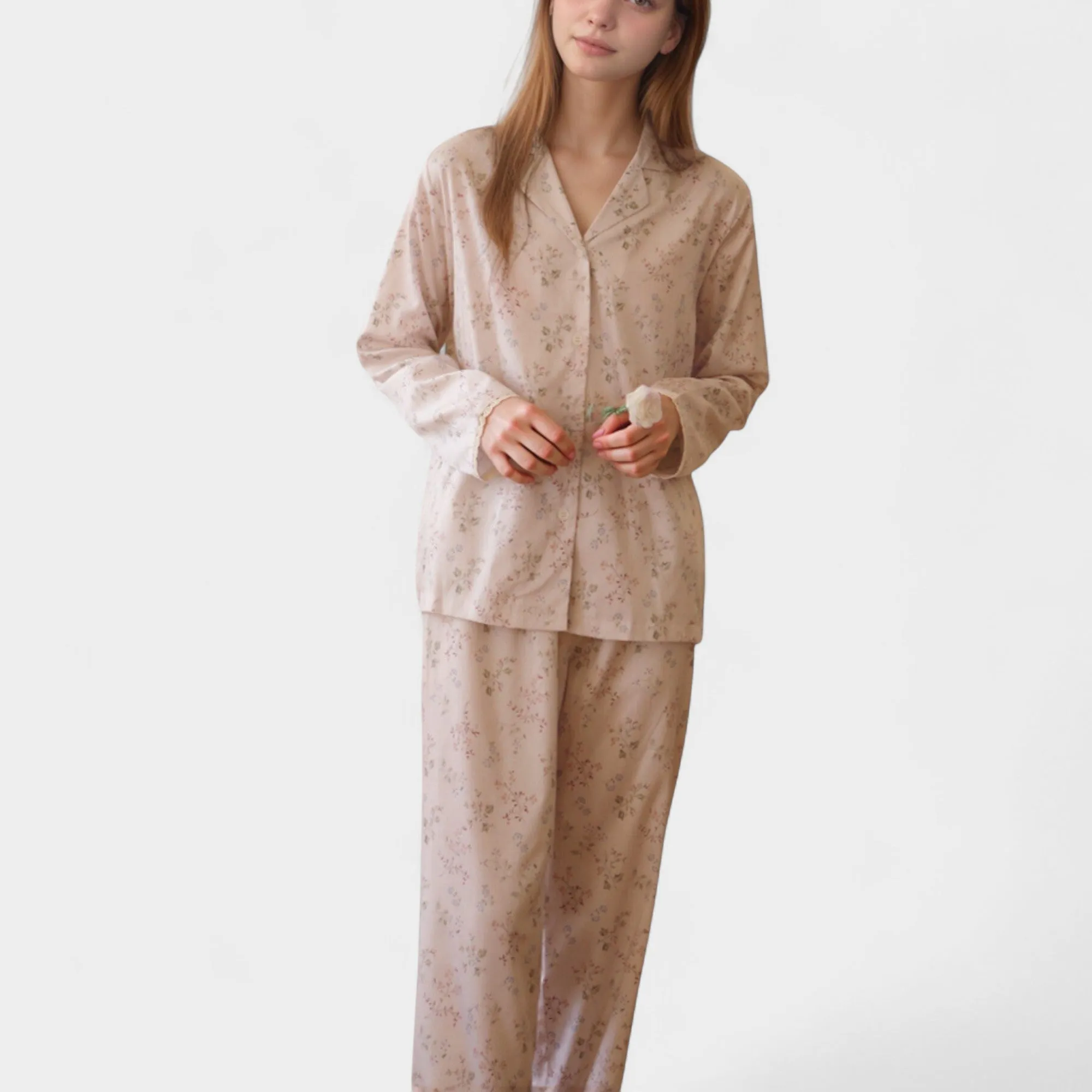 Anna-Kaci Lounge Women's Long Sleeve Pajama Set Small Floral Print Button-Up Top with Notch Collar and Relaxed Fit Pants sold by Anna-Kaci