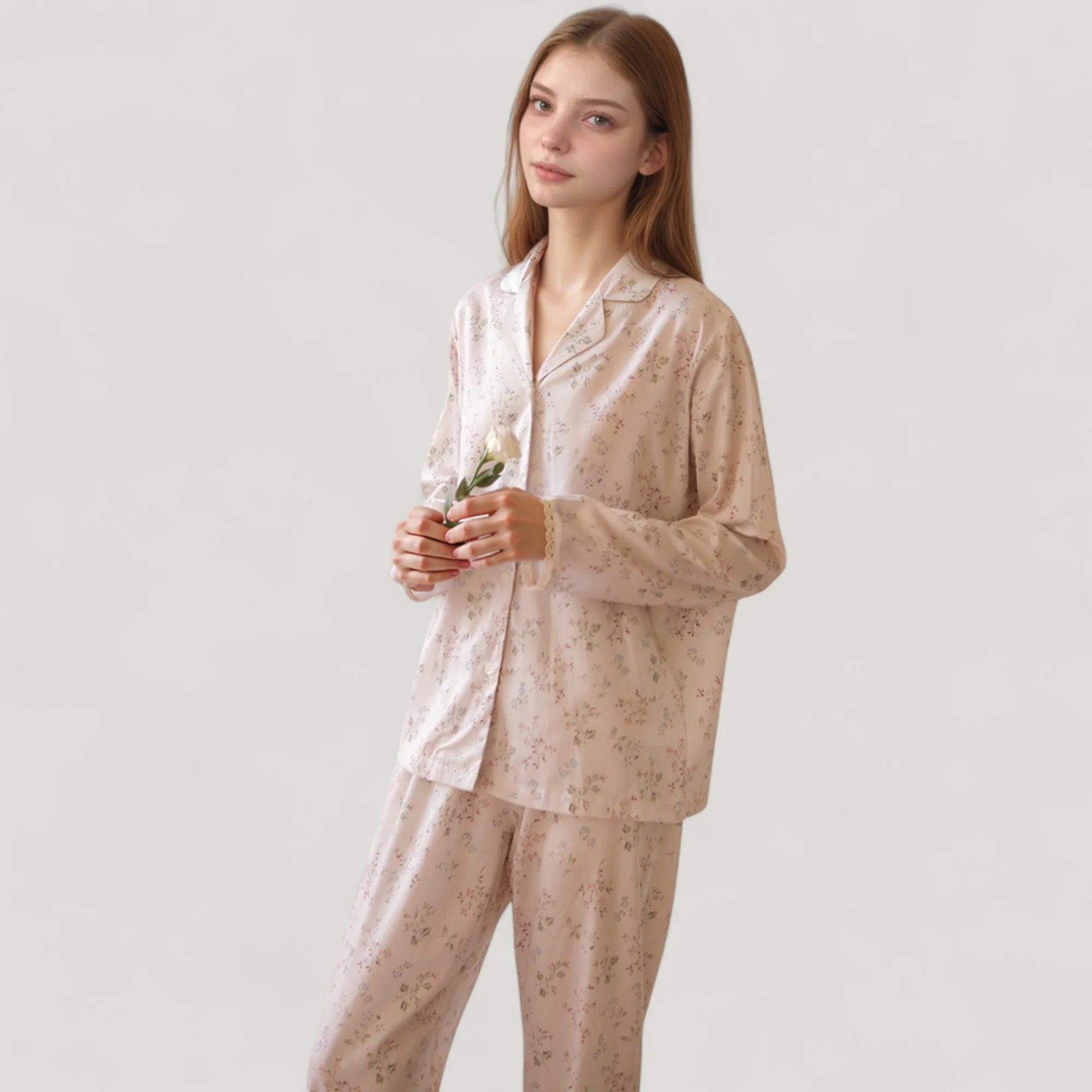 Anna-Kaci Lounge Women's Long Sleeve Pajama Set Small Floral Print Button-Up Top with Notch Collar and Relaxed Fit Pants sold by Anna-Kaci product image thumbnail 3