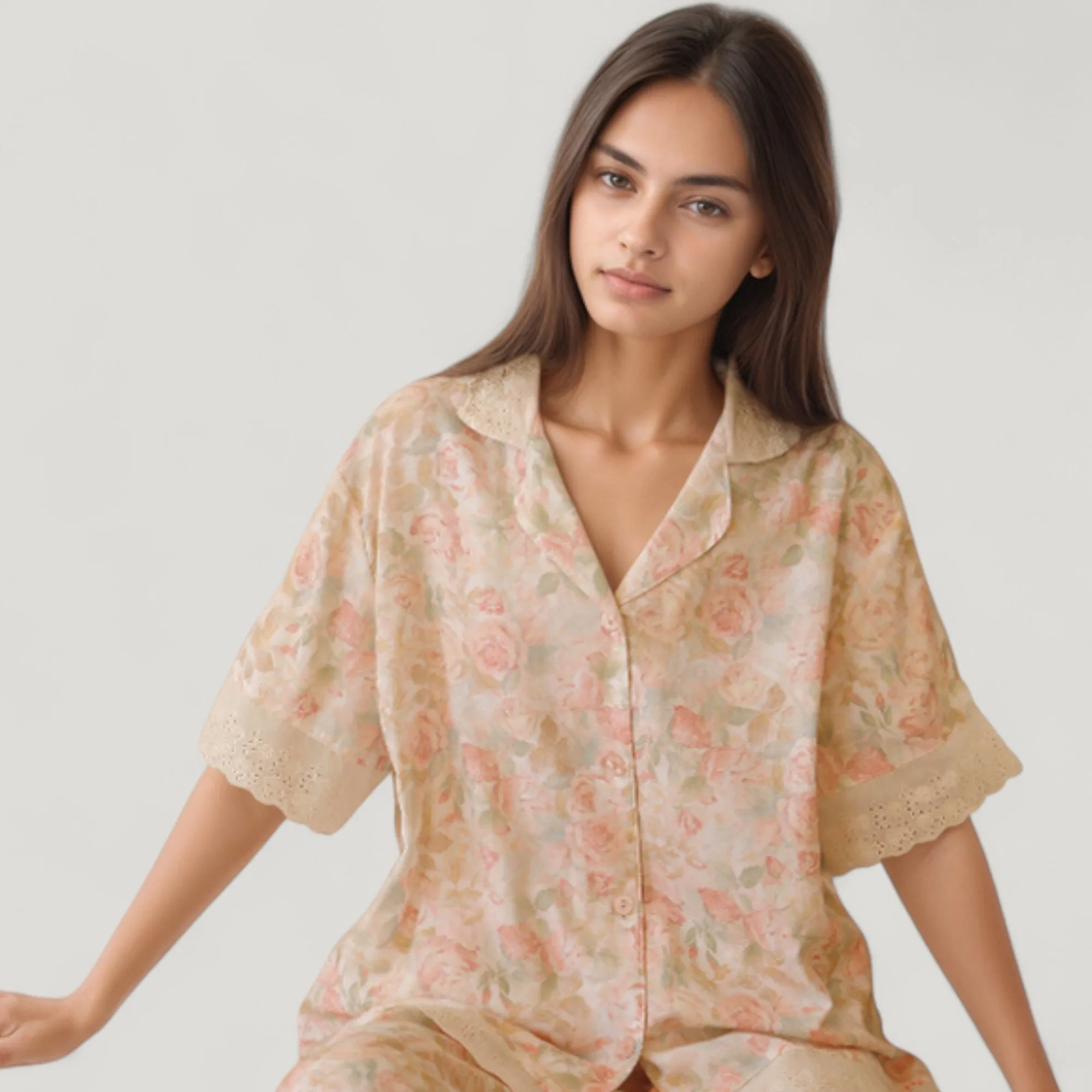 Anna-Kaci Lounge Women's Floral Lace Trim Pajama Set Short Sleeve Button Top with Matching Wide Leg Lounge Pants sold by Anna-Kaci product image thumbnail 5