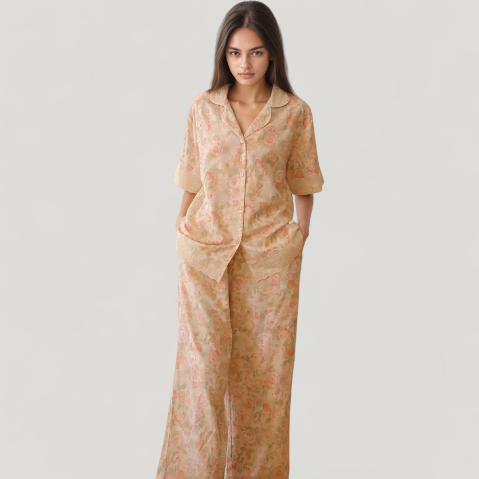 Anna-Kaci Lounge Women's Floral Lace Trim Pajama Set Short Sleeve Button Top with Matching Wide Leg Lounge Pants sold by Anna-Kaci product image thumbnail 2