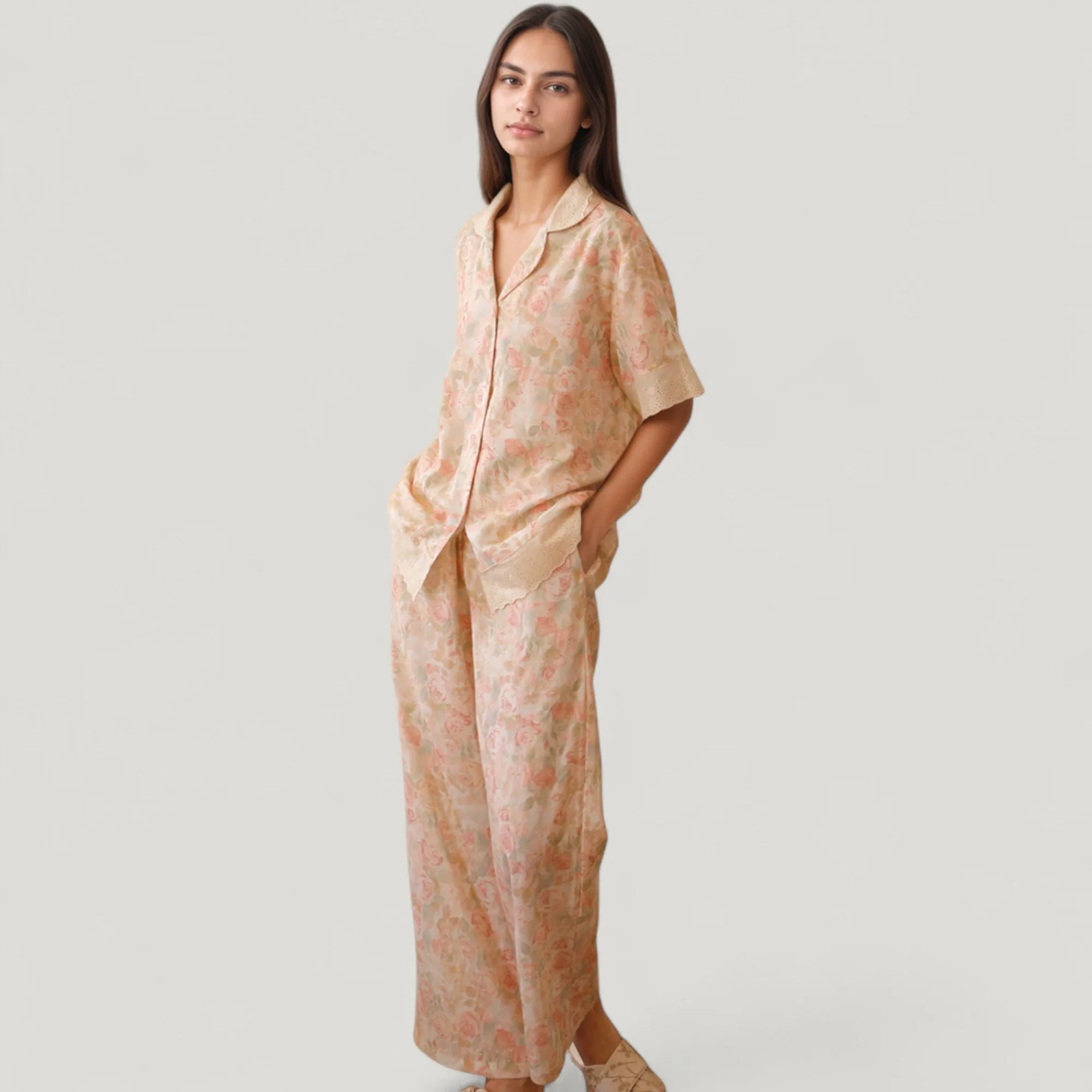 Anna-Kaci Lounge Women's Floral Lace Trim Pajama Set Short Sleeve Button Top with Matching Wide Leg Lounge Pants sold by Anna-Kaci product image thumbnail 3