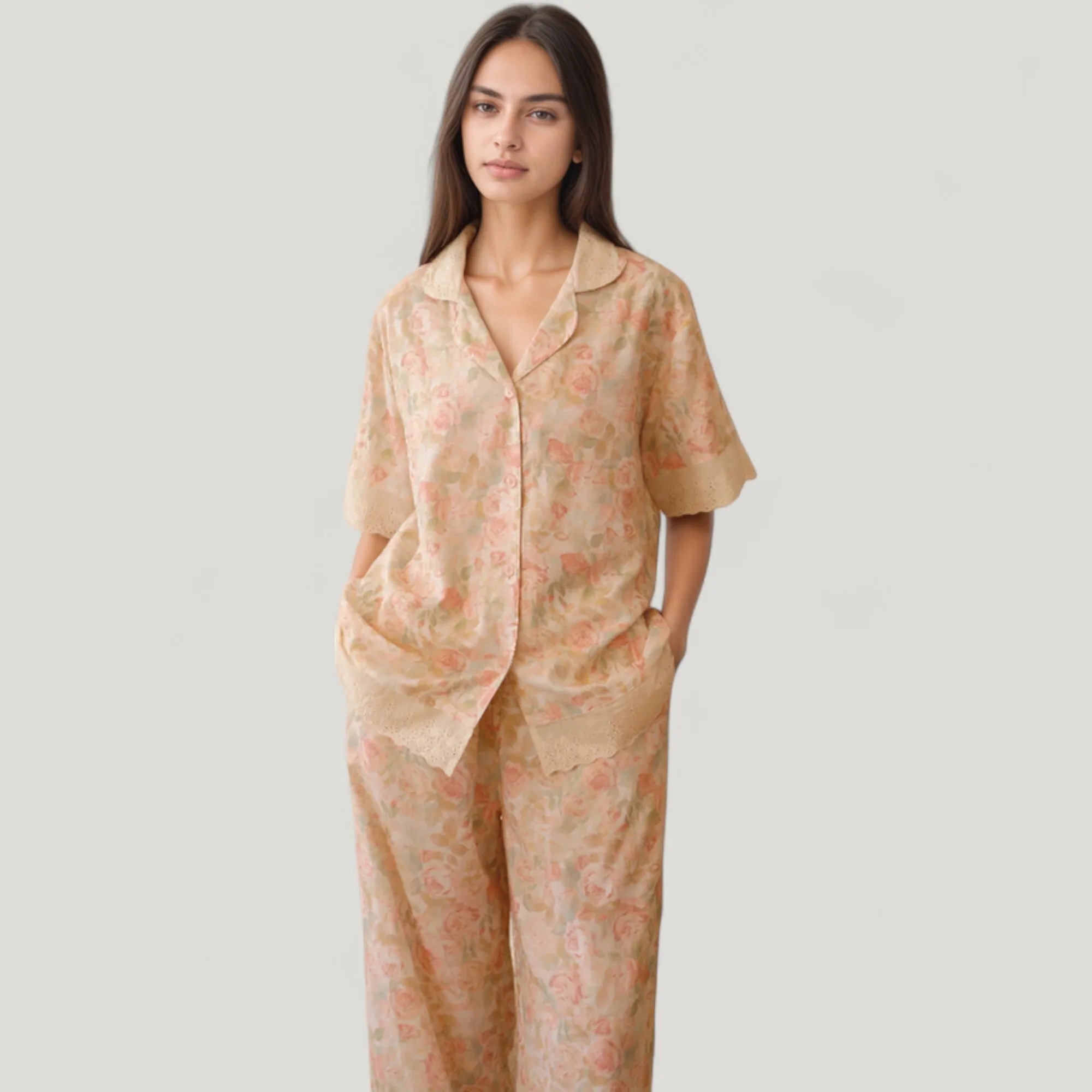 Anna-Kaci Lounge Women's Floral Lace Trim Pajama Set Short Sleeve Button Top with Matching Wide Leg Lounge Pants sold by Anna-Kaci product image thumbnail 4