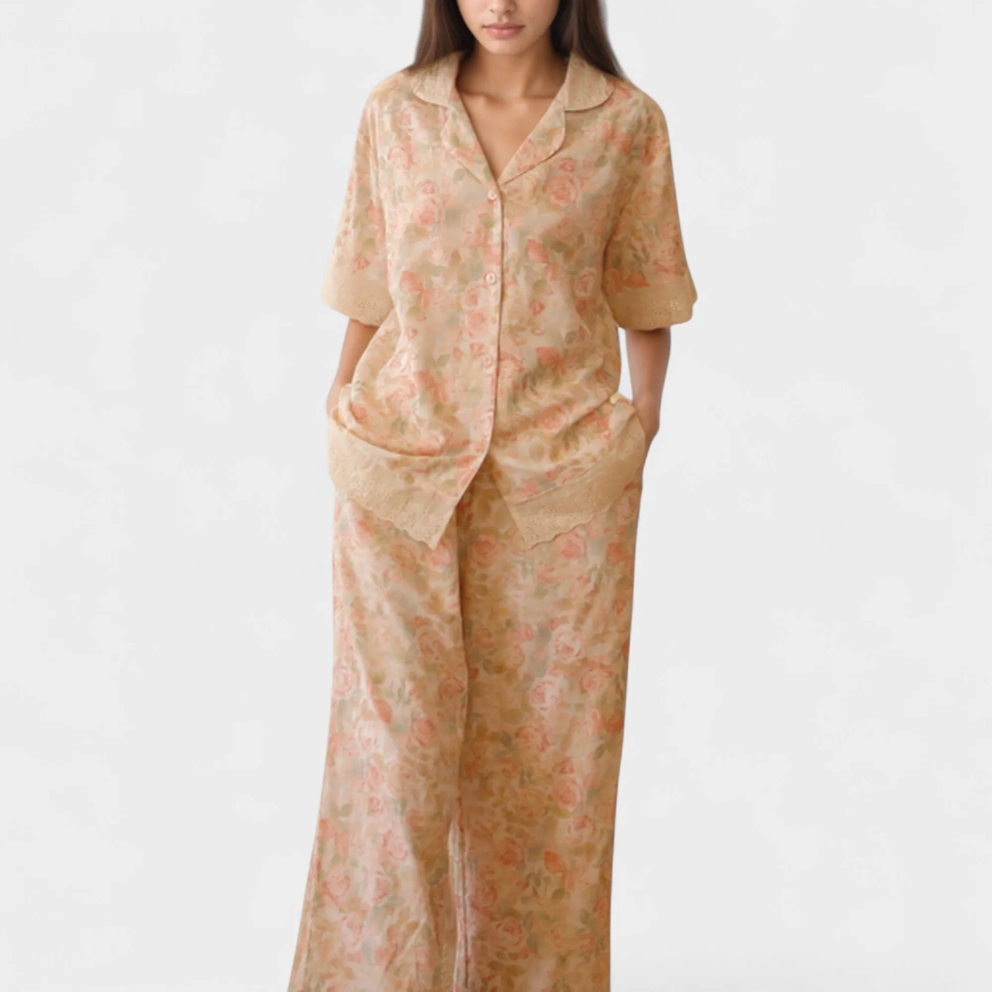 Anna-Kaci Lounge Women's Floral Lace Trim Pajama Set Short Sleeve Button Top with Matching Wide Leg Lounge Pants sold by Anna-Kaci